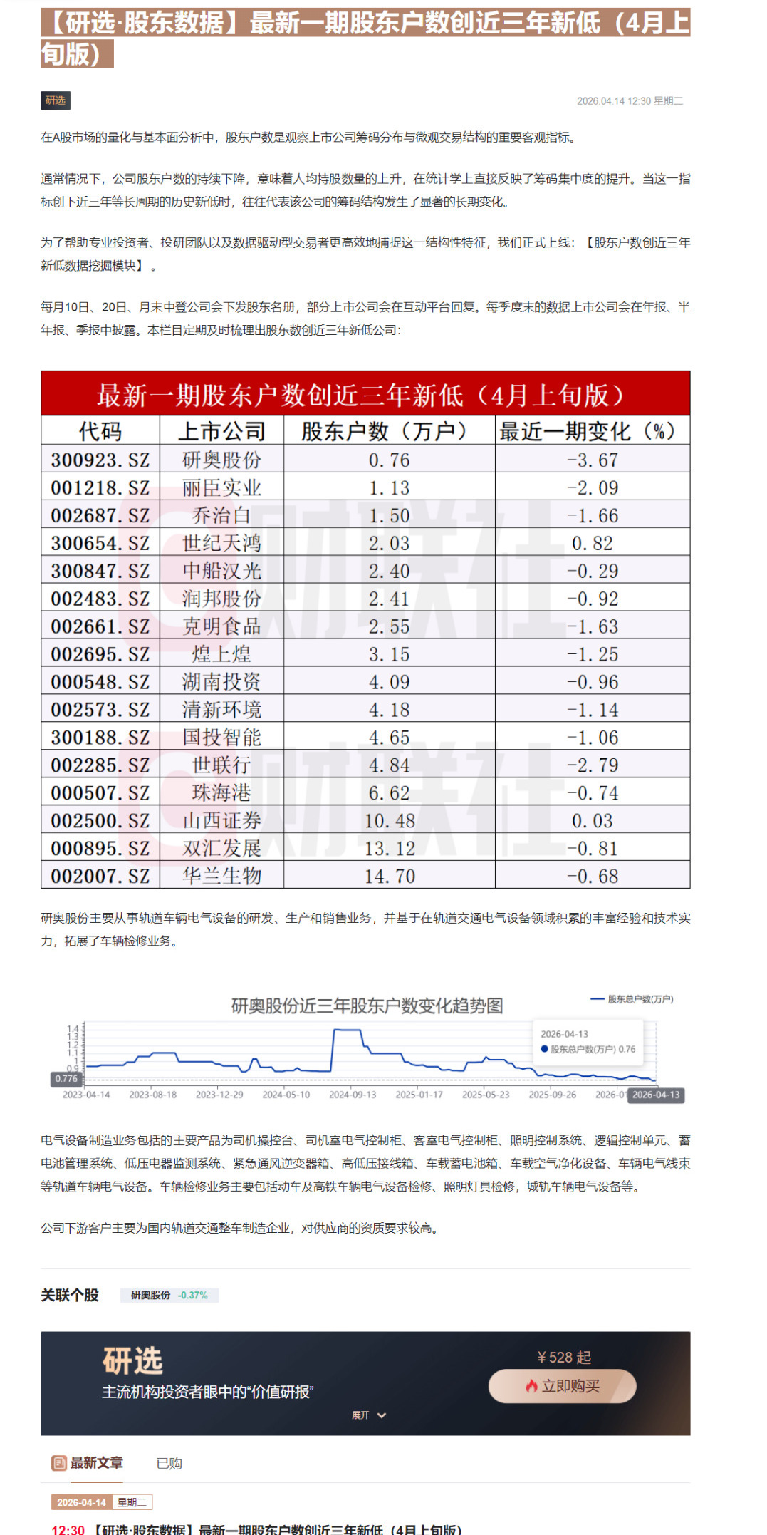 【财联VIP专栏】【研选·股东数据】最新一期股东户数创近三年新低（4月上旬版）......