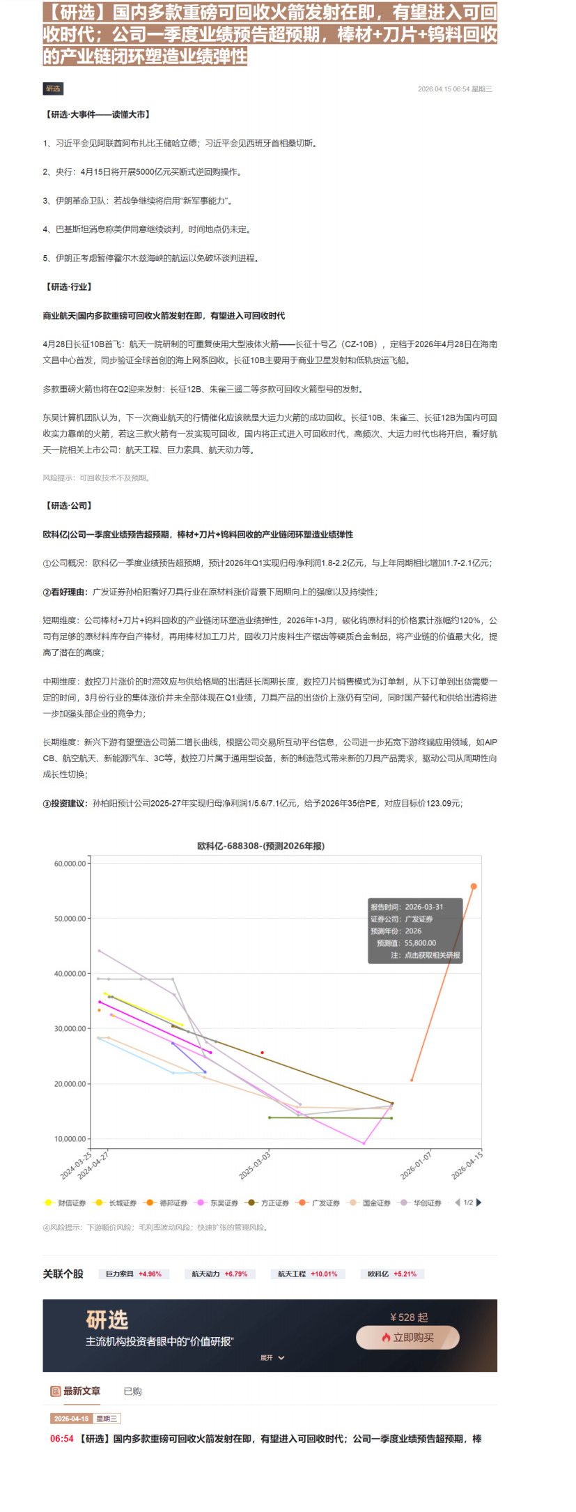 【财联VIP专栏】【研选】国内多款重磅可回收火箭发射在即，有望进入可回收时代；公司一季度业绩预告超预期，棒材+刀片+钨料......