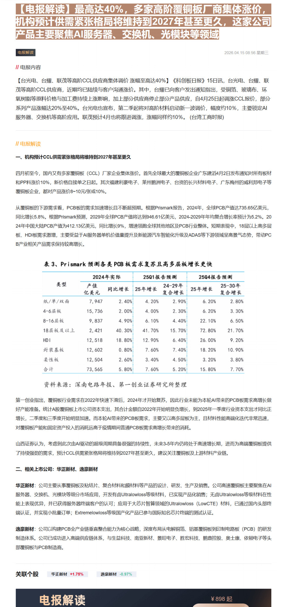 【财联VIP专栏】【电报解读】最高达40%，多家高阶覆铜板厂商集体涨价，机构预计供需紧张格局将维持到2027年甚至更久，......