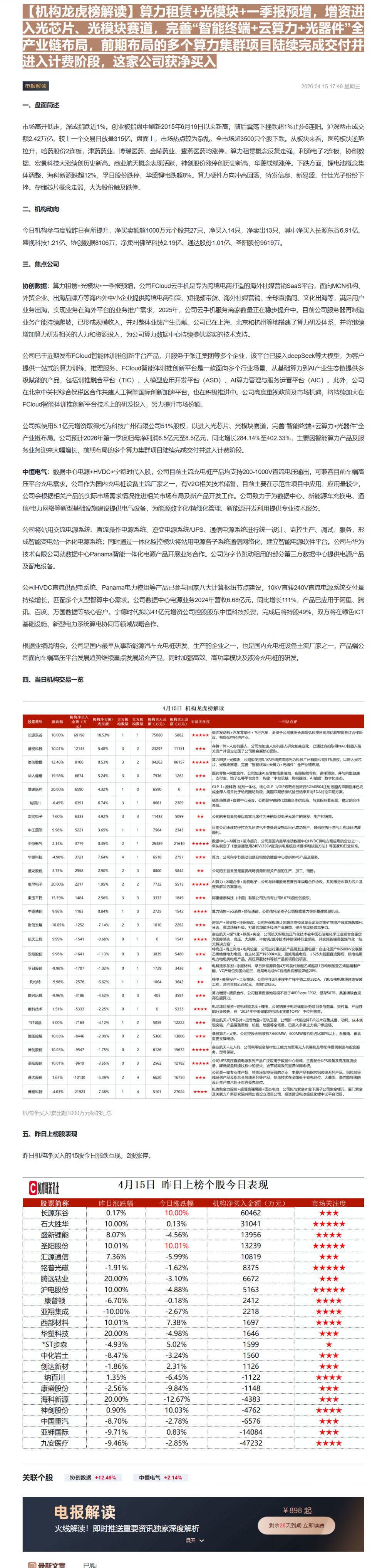 【财联VIP专栏】【机构龙虎榜解读】算力租赁+光模块+一季报预增，增资进入光芯片、光模块赛道，完善“智能终端+云算力+光......
