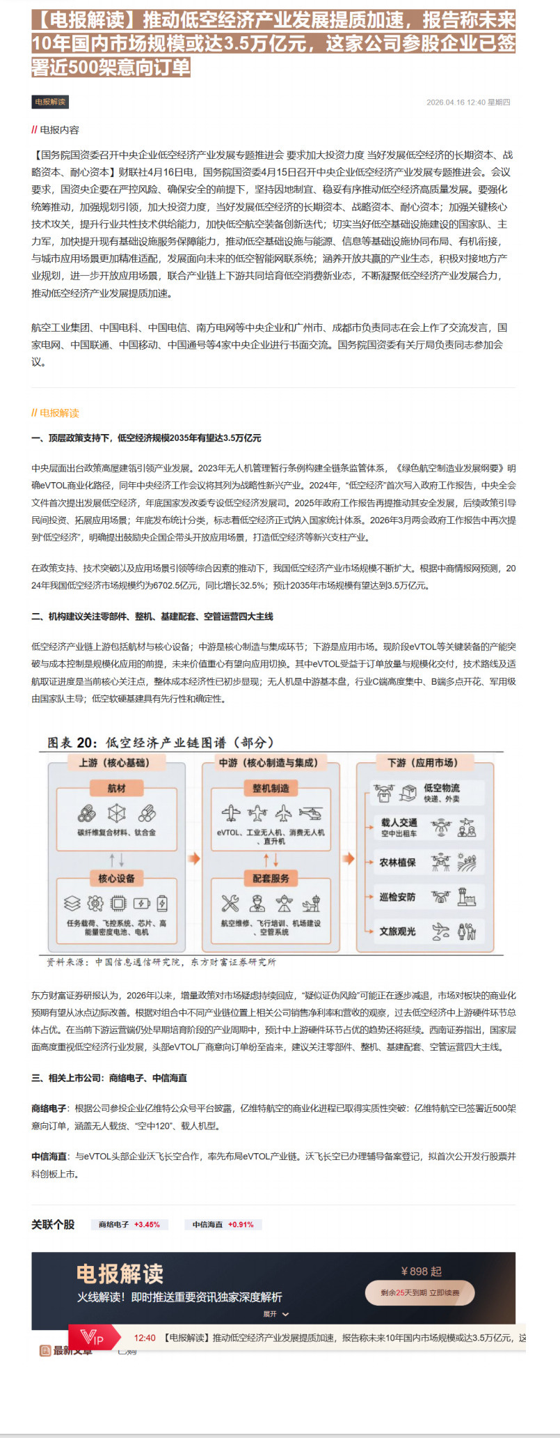 【财联VIP专栏】【电报解读】推动低空经济产业发展提质加速，报告称未来10年国内市场规模或达3.5万亿元，这家公司参股企......