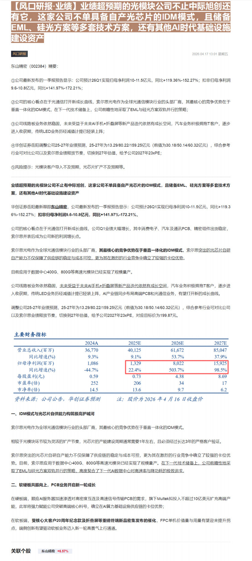 【财联VIP专栏】【风口研报·业绩】业绩超预期的光模块公司不止中际旭创还有它，这家公司不单具备自产光芯片的IDM模式，且......