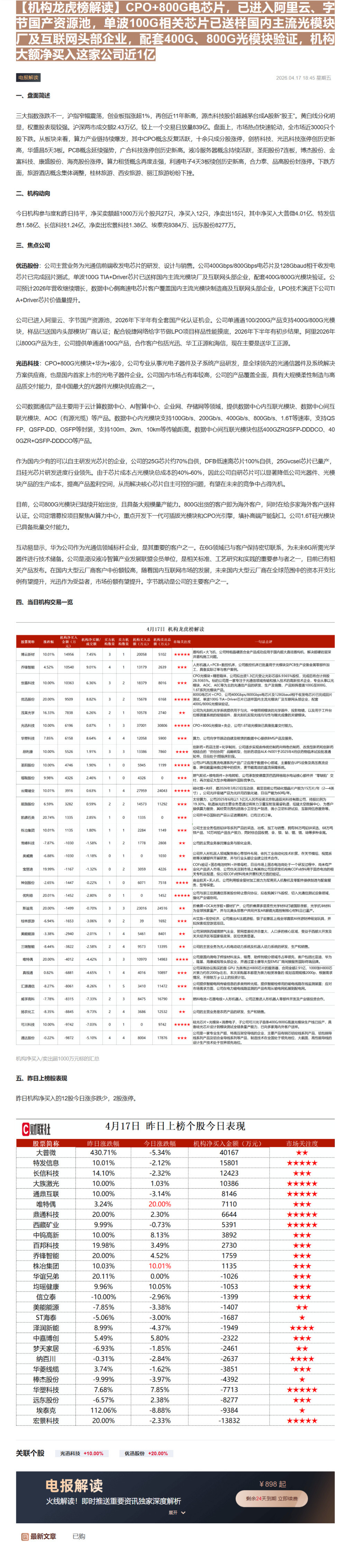 【财联VIP专栏】【机构龙虎榜解读】CPO+800G电芯片，已进入阿里云、字节国产资源池，单波100G相关芯片已送样国内......