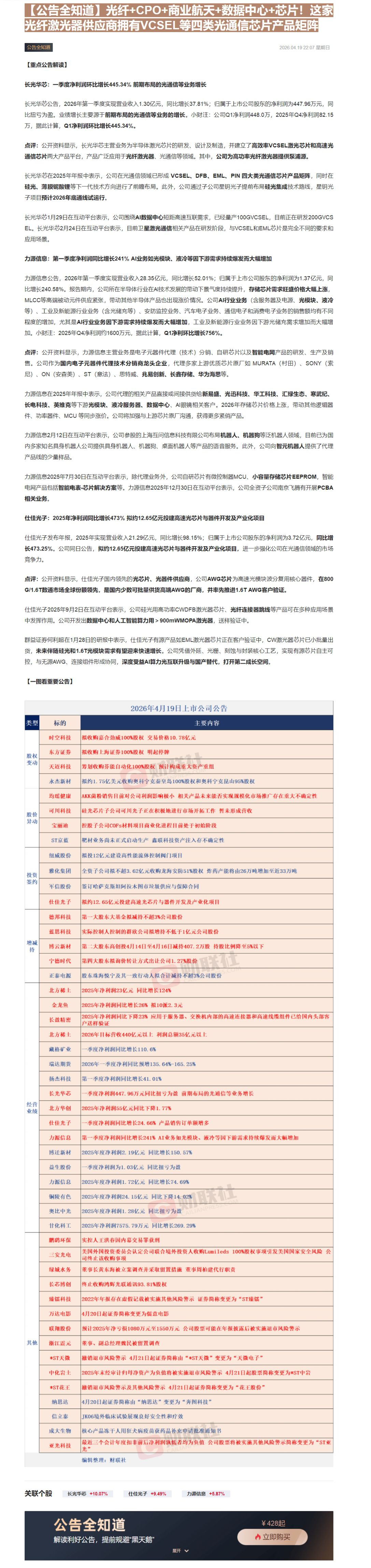 【财联VIP专栏】【公告全知道】光纤+CPO+商业航天+数据中心+芯片！这家光纤激光器供应商拥有VCSEL等四类光通信芯......