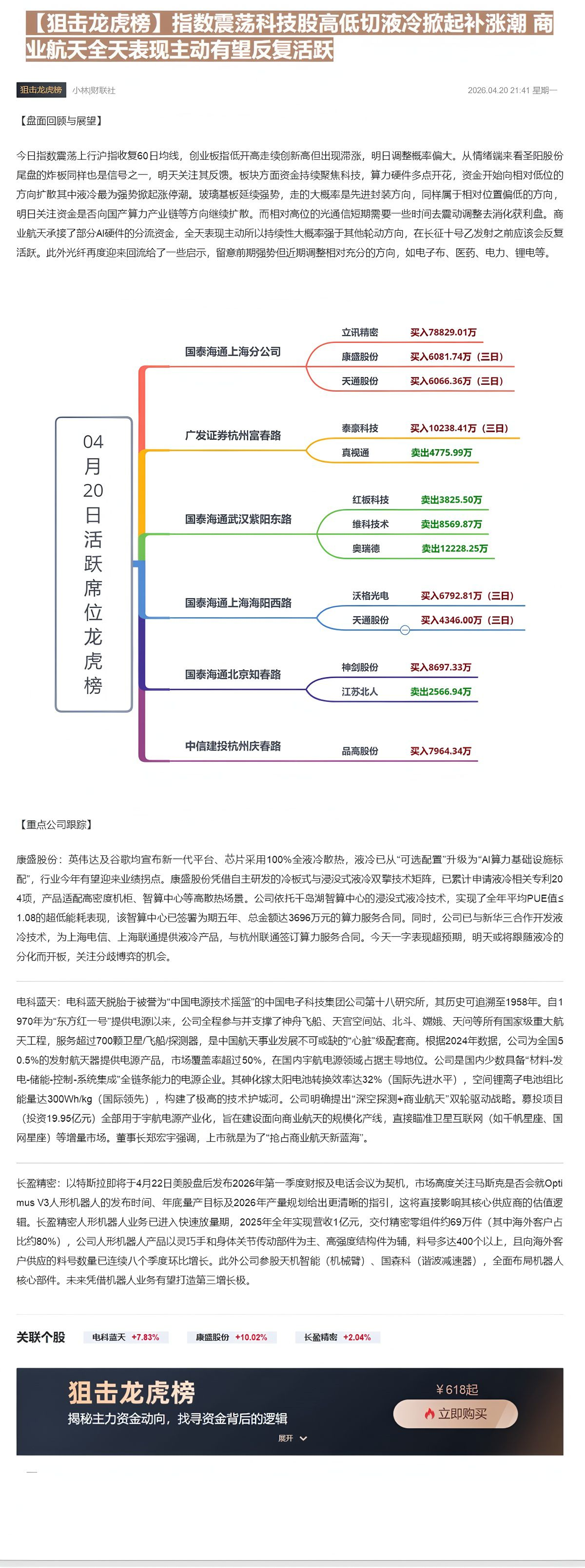 【财联VIP专栏】【狙击龙虎榜】指数震荡科技股高低切液冷掀起补涨潮 商业航天全天表现主动有望反复活跃......
