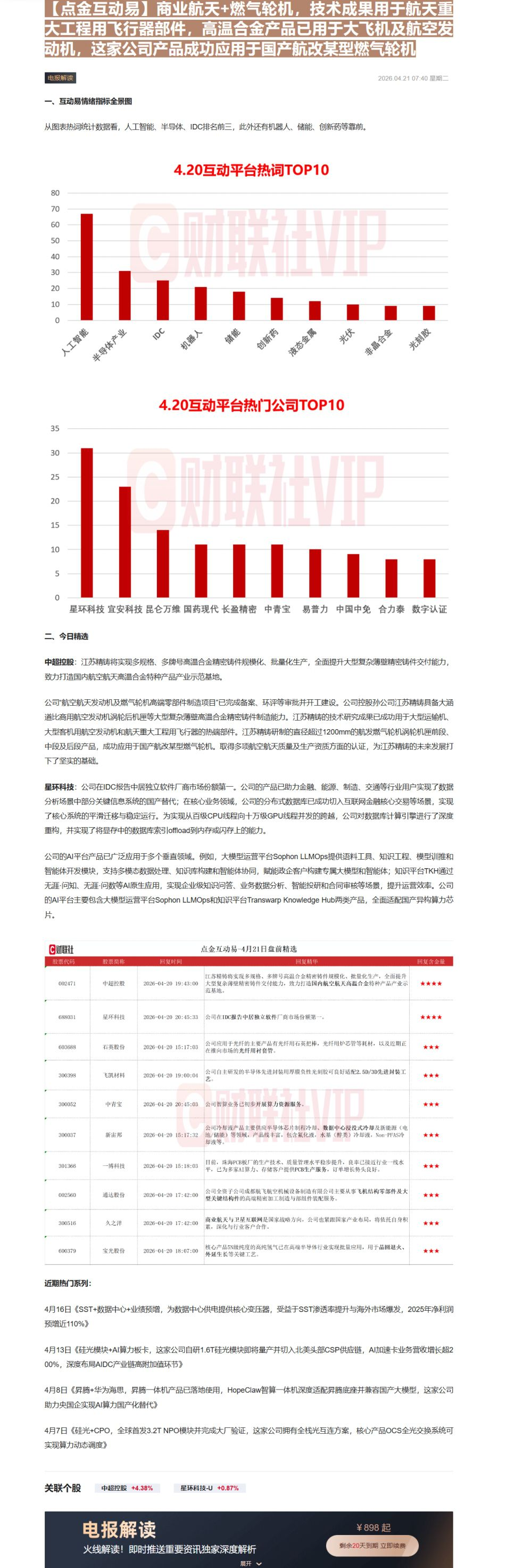 【财联VIP专栏】【点金互动易】商业航天+燃气轮机，技术成果用于航天重大工程用飞行器部件，高温合金产品已用于大飞机及航空......