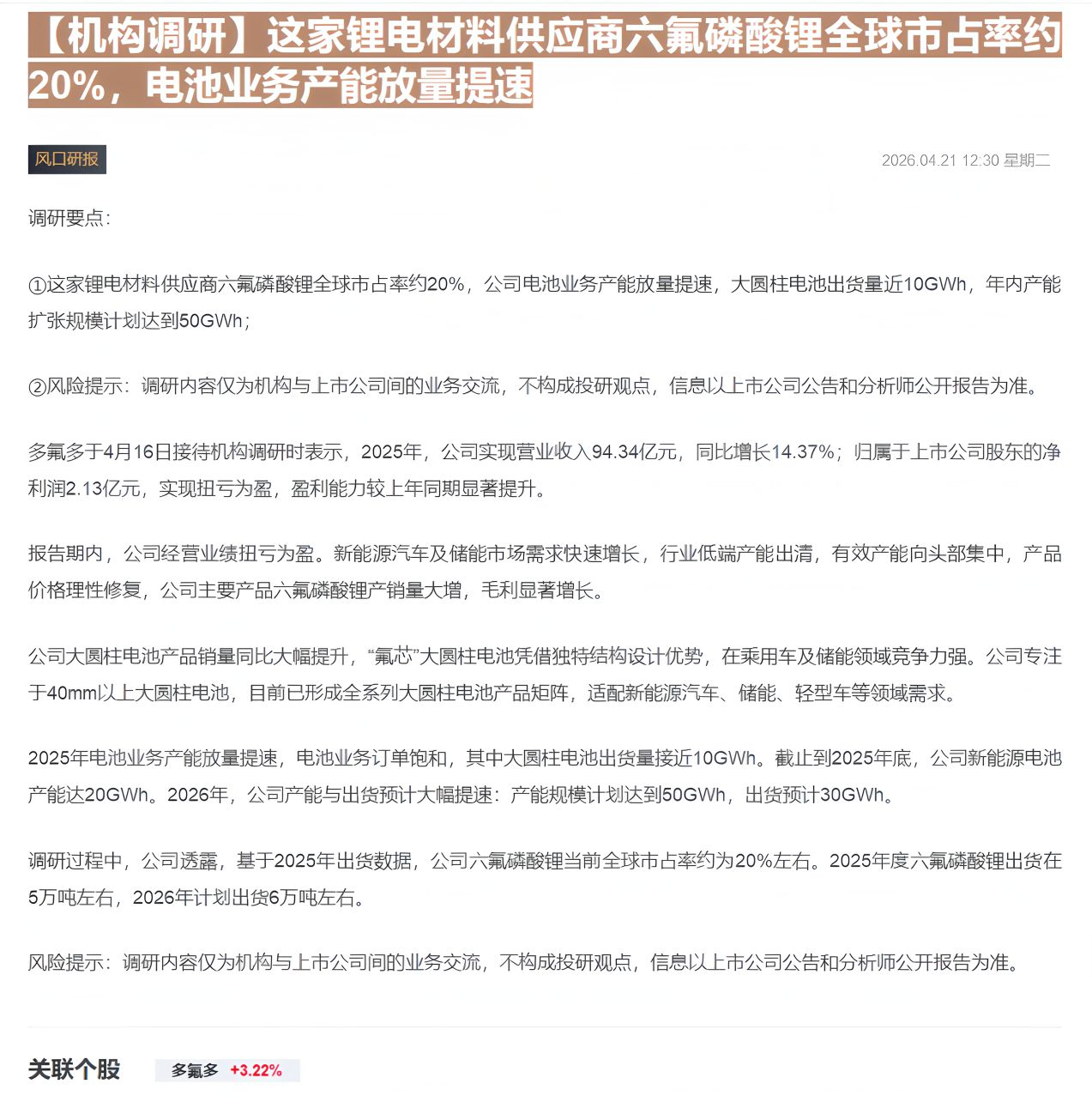 【财联VIP专栏】【机构调研】这家锂电材料供应商六氟磷酸锂全球市占率约20%，电池业务产能放量提速......