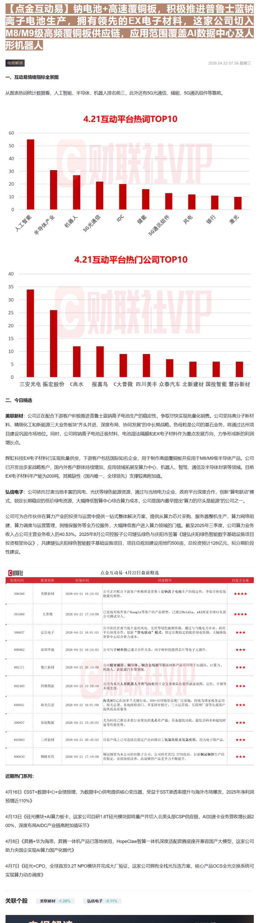 【财联VIP专栏】【点金互动易】钠电池+高速覆铜板，积极推进普鲁士蓝钠离子电池生产，拥有领先的EX电子材料，这家公司切入......