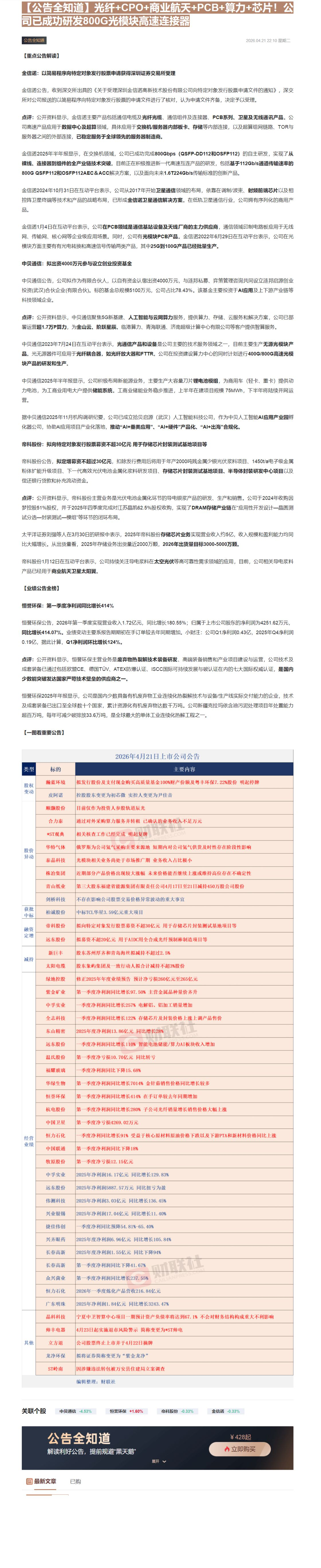 【财联VIP专栏】【公告全知道】光纤+CPO+商业航天+PCB+算力+芯片！公司已成功研发800G光模块高速连接器......