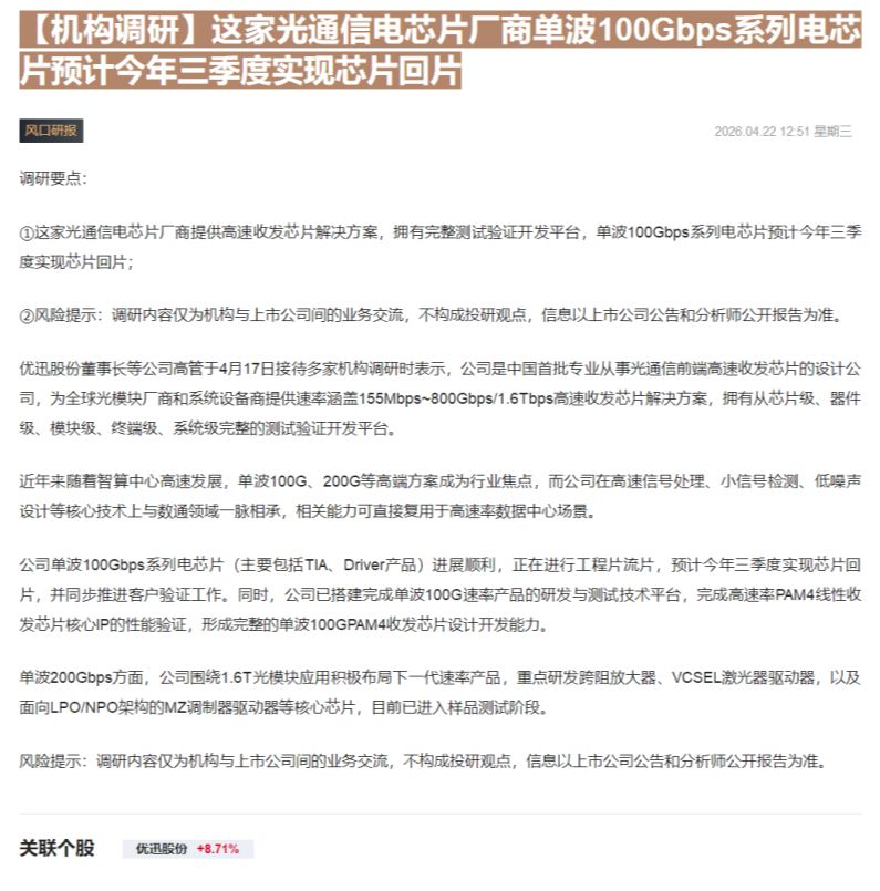 【财联VIP专栏】【机构调研】这家光通信电芯片厂商单波100Gbps系列电芯片预计今年三季度实现芯片回片......