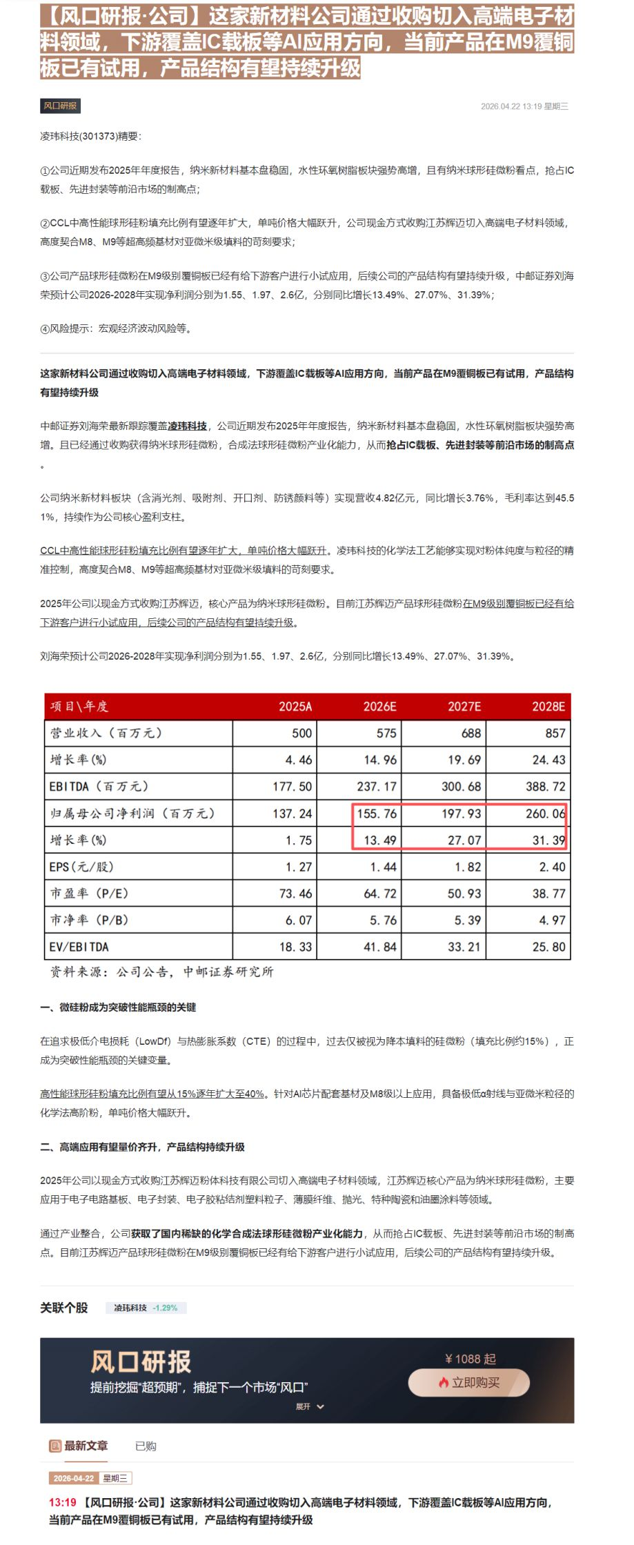 【财联VIP专栏】【风口研报·公司】这家新材料公司通过收购切入高端电子材料领域，下游覆盖IC载板等AI应用方向，当前产品......