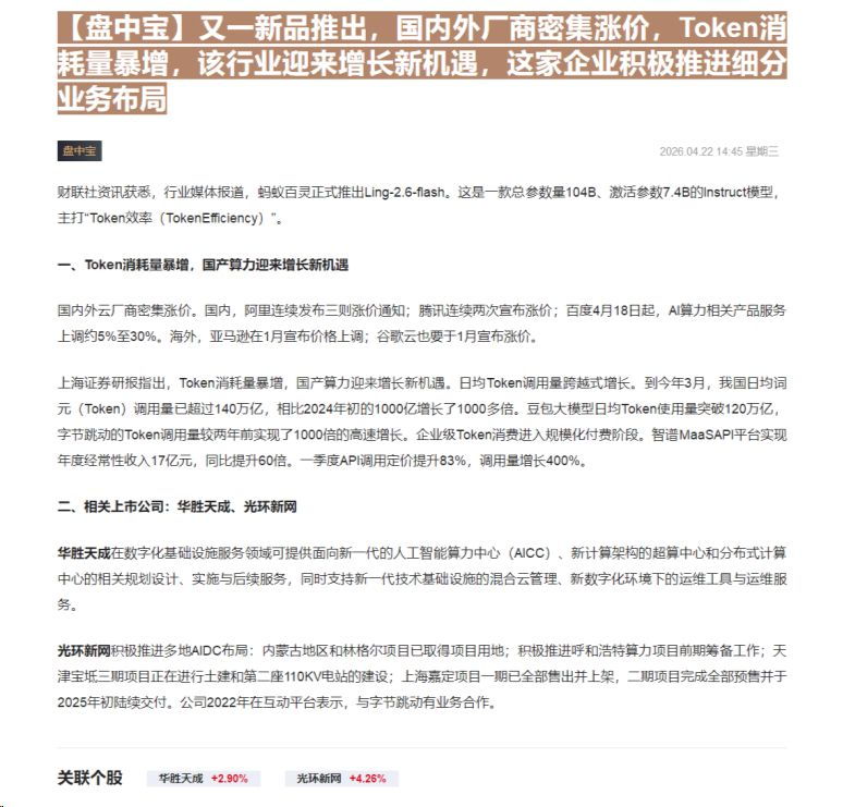 【财联VIP专栏】【盘中宝】又一新品推出，国内外厂商密集涨价，Token消耗量暴增，该行业迎来增长新机遇，这家企业积极推......