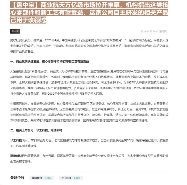 【财联VIP专栏】【盘中宝】商业航天万亿级市场拉开帷幕，机构指出这类核心零部件和新工艺有望受益，这家公司自主研发的相关产......