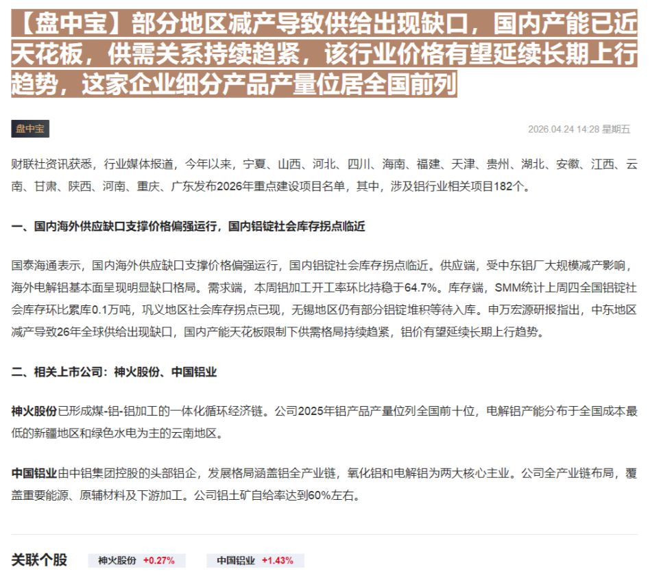 【财联VIP专栏】【盘中宝】部分地区减产导致供给出现缺口，国内产能已近天花板，供需关系持续趋紧，该行业价格有望延续长期上......
