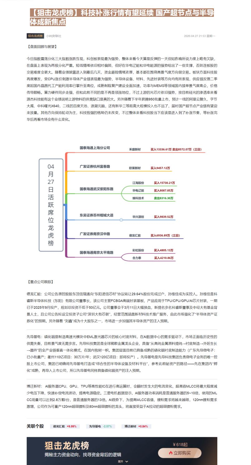 【财联VIP专栏】【狙击龙虎榜】科技补涨行情有望延续 国产超节点与半导体成新焦点......