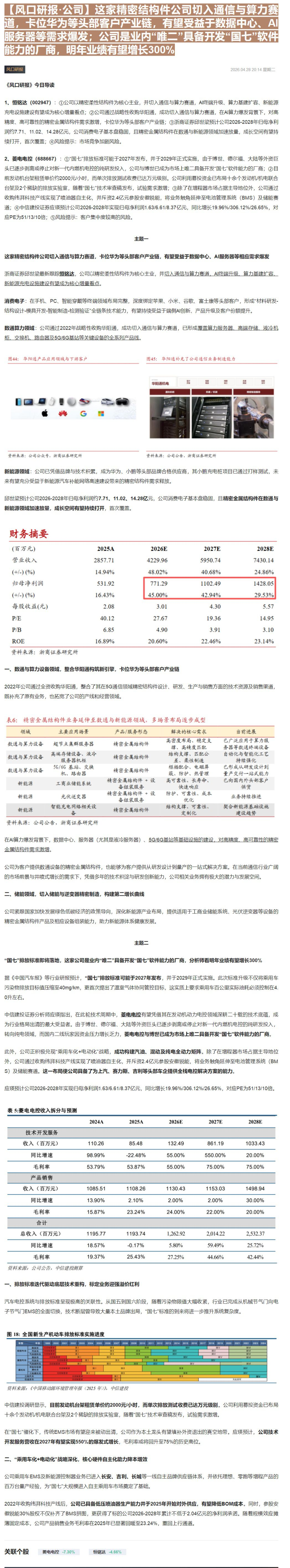 【财联VIP专栏】【风口研报·公司】这家精密结构件公司切入通信与算力赛道，卡位华为等头部客户产业链，有望受益于数据中心、......