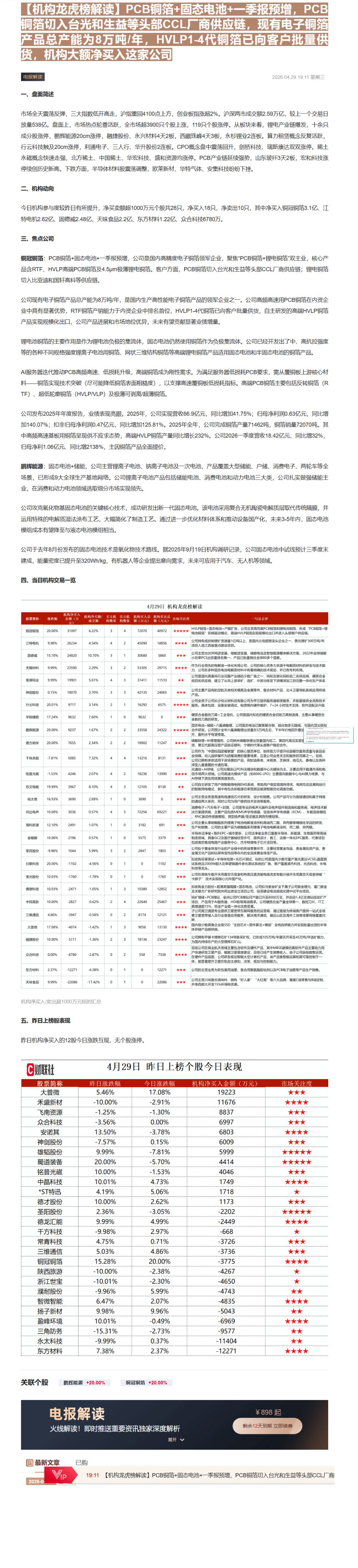 【财联VIP专栏】【机构龙虎榜解读】PCB铜箔+固态电池+一季报预增，PCB铜箔切入台光和生益等头部CCL厂商供应链，现......