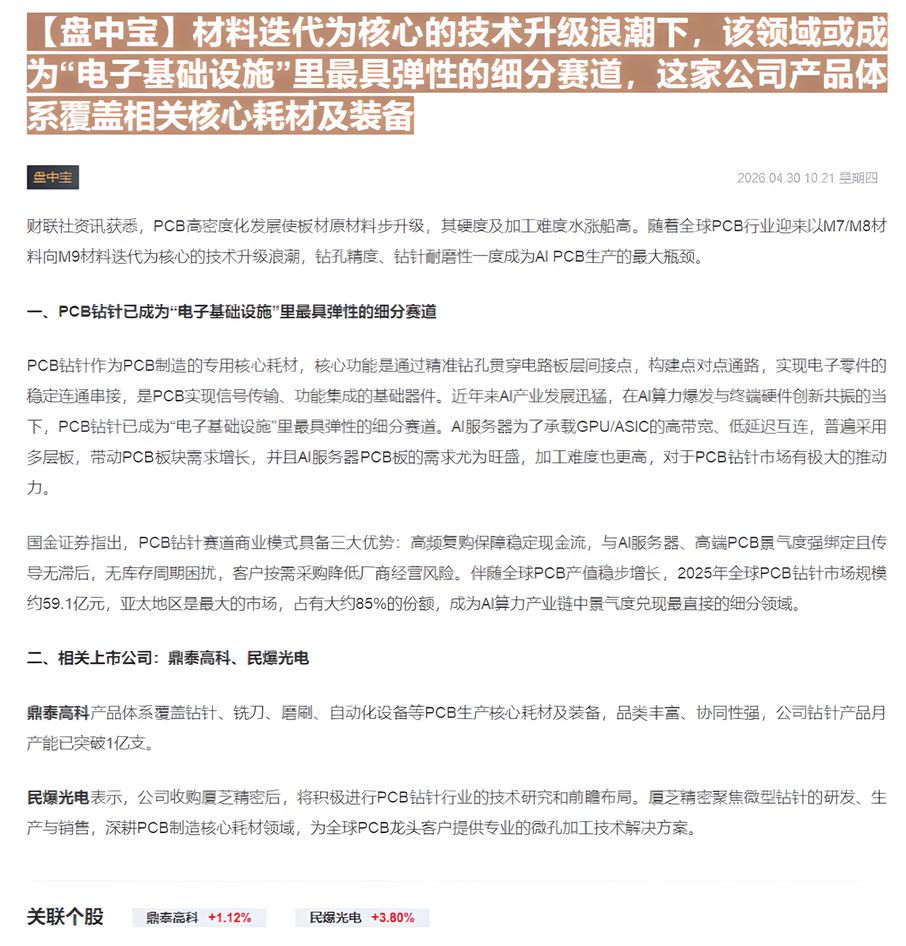 【财联VIP专栏】【盘中宝】材料迭代为核心的技术升级浪潮下，该领域或成为“电子基础设施”里最具弹性的细分赛道，这家公司产......