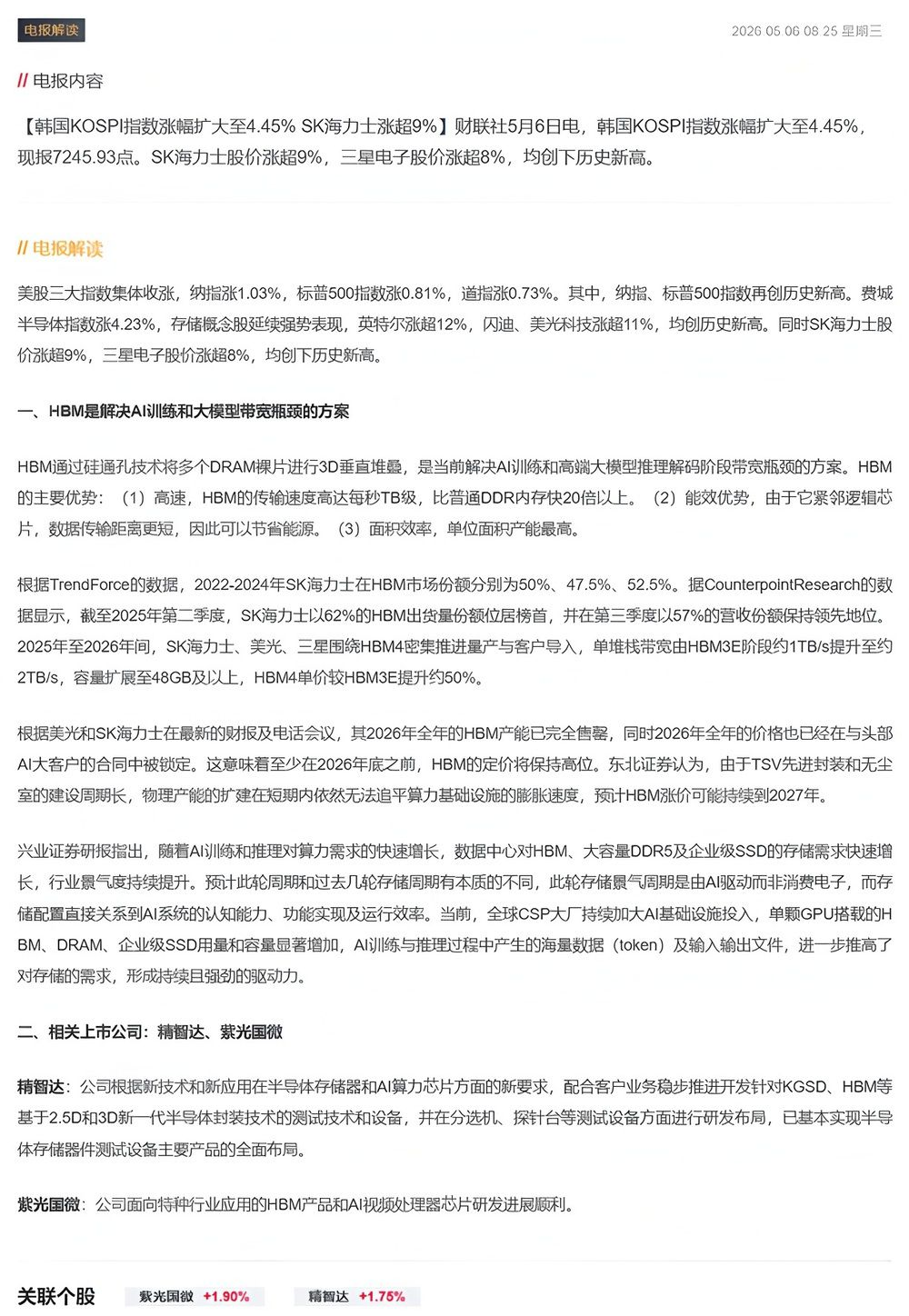 【财联VIP专栏】【电报解读】美韩多只存储芯片股价齐刷新高，此轮存储景气周期是由AI驱动，机构预计HBM涨价可能持续到2......