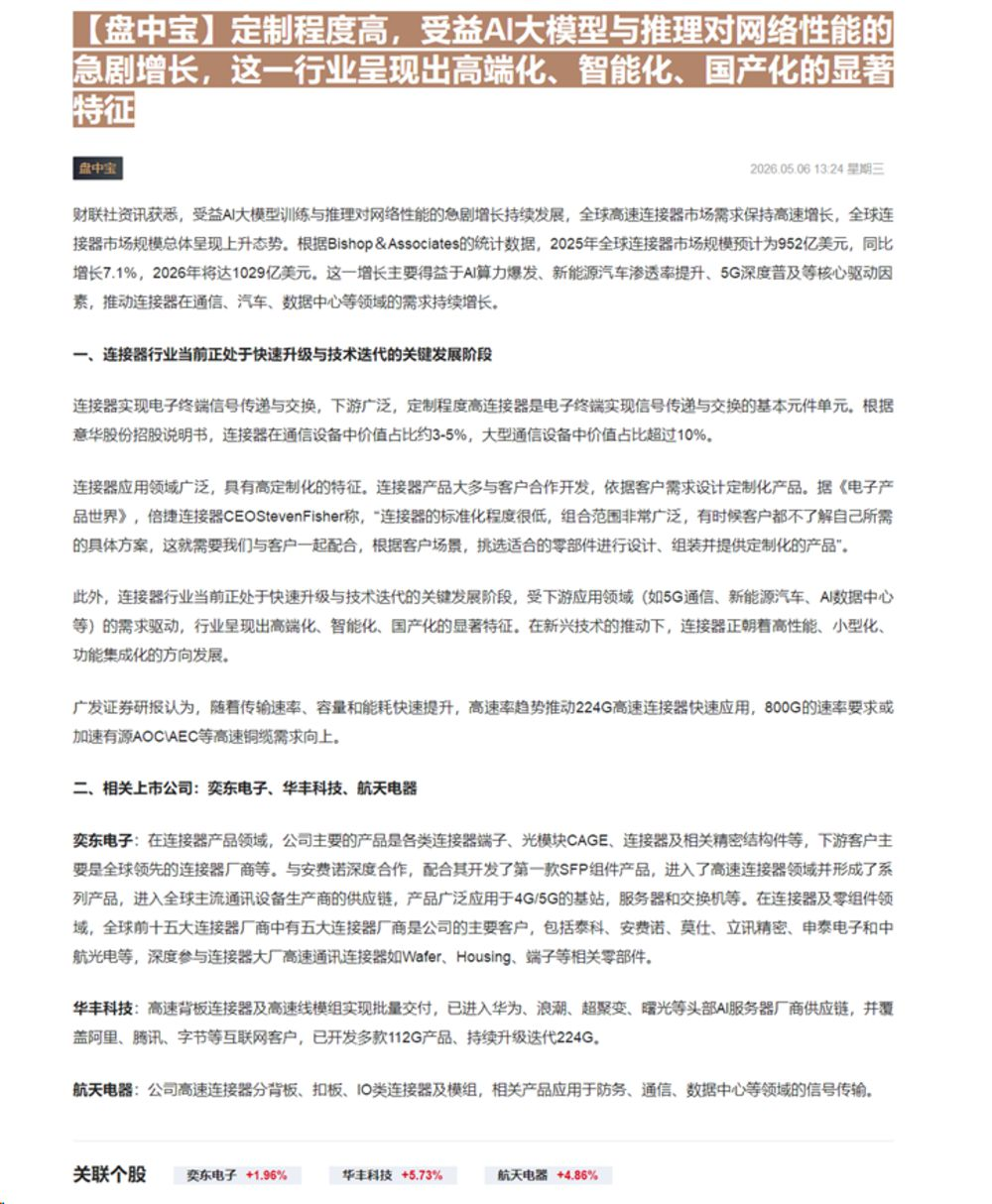 【财联VIP专栏】【盘中宝】定制程度高，受益AI大模型与推理对网络性能的急剧增长，这一行业呈现出高端化、智能化、国产化的......