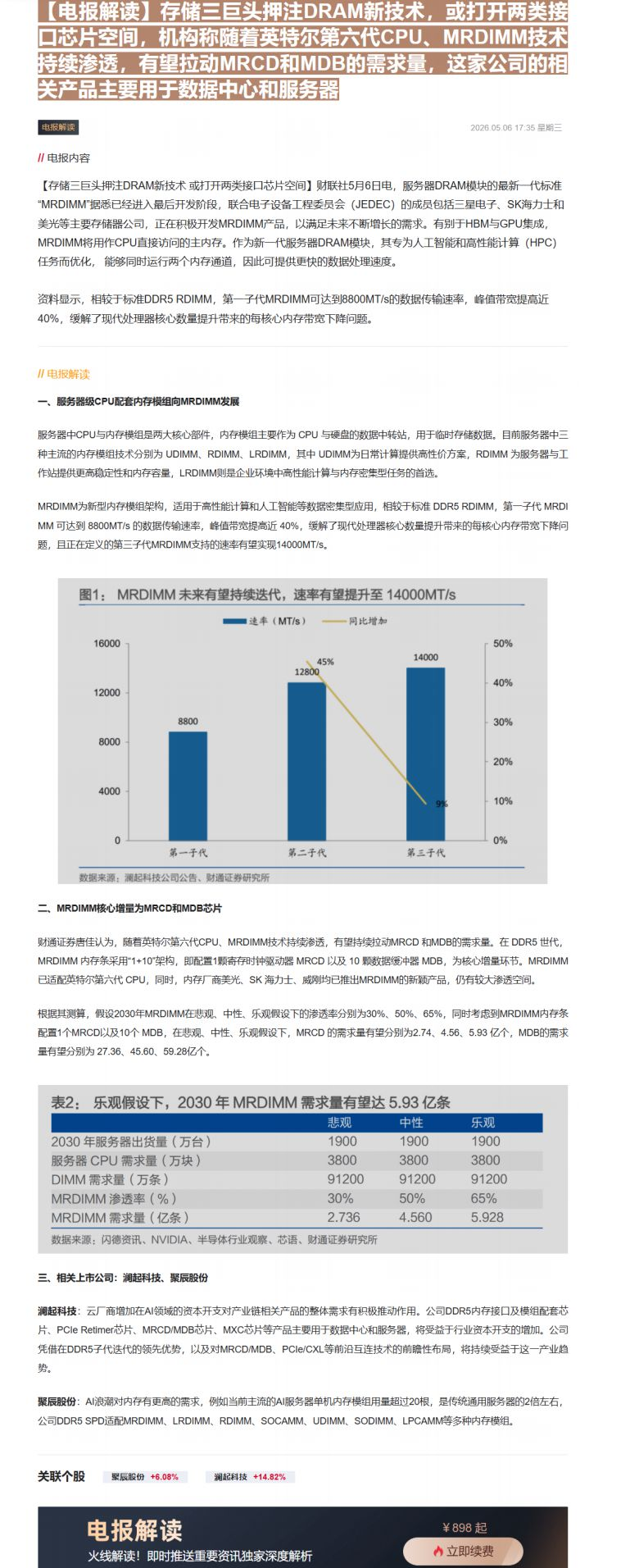【财联VIP专栏】【电报解读】存储三巨头押注DRAM新技术，或打开两类接口芯片空间，机构称随着英特尔第六代CPU、MRD......