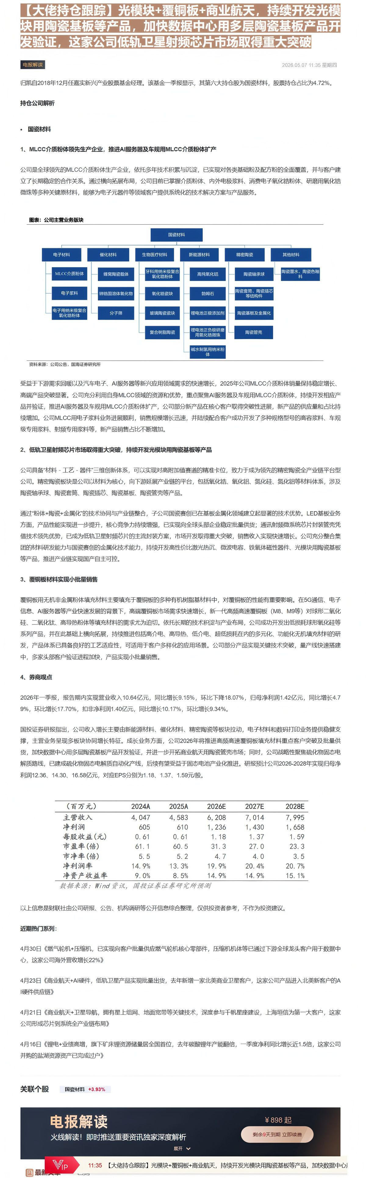 【财联VIP专栏】【大佬持仓跟踪】光模块+覆铜板+商业航天，持续开发光模块用陶瓷基板等产品，加快数据中心用多层陶瓷基板产......