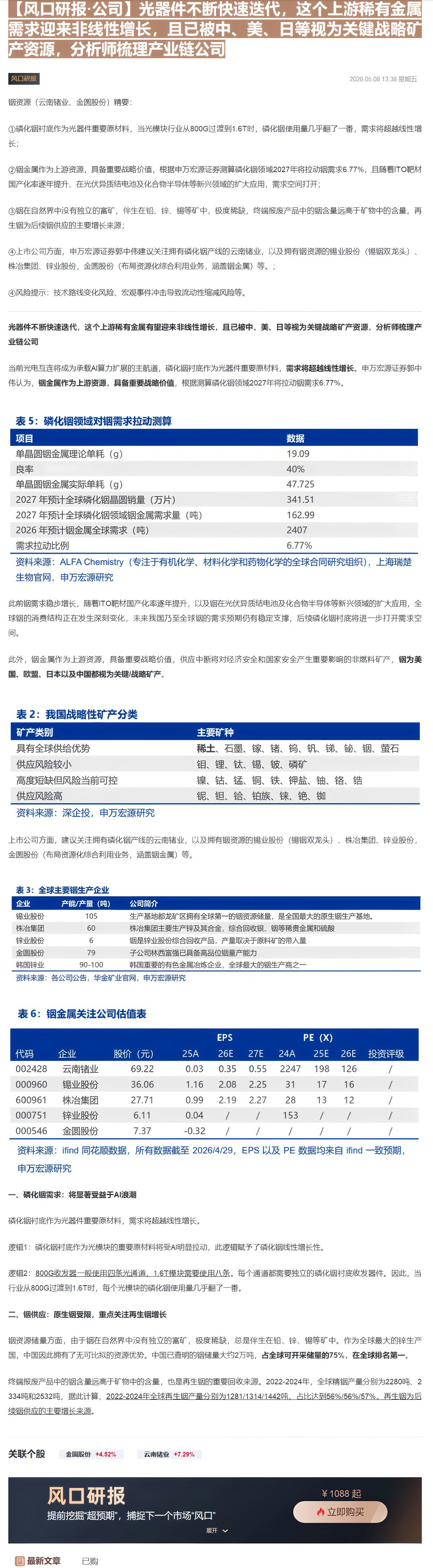 【财联VIP专栏】【风口研报·公司】光器件不断快速迭代，这个上游稀有金属需求迎来非线性增长，且已被中、美、日等视为关键战......