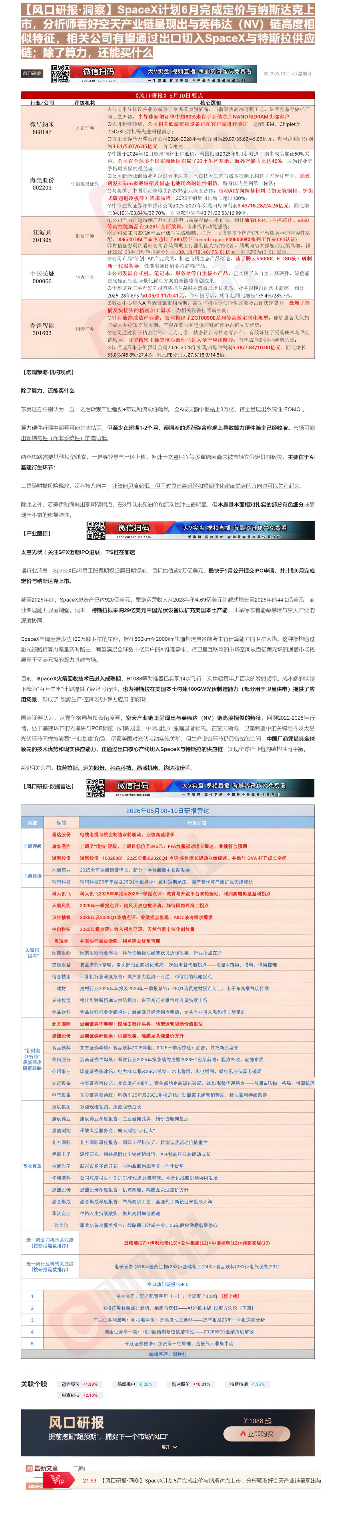 【财联VIP专栏】【风口研报·洞察】SpaceX计划6月完成定价与纳斯达克上市，分析师看好空天产业链呈现出与英伟达（NV......