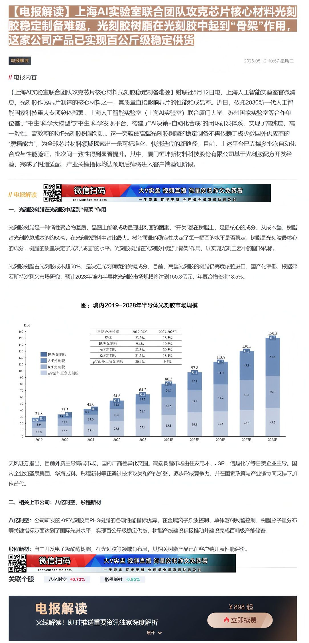 【财联VIP专栏】【电报解读】上海AI实验室联合团队攻克芯片核心材料光刻胶稳定制备难题，光刻胶树脂在光刻胶中起到“骨架”......