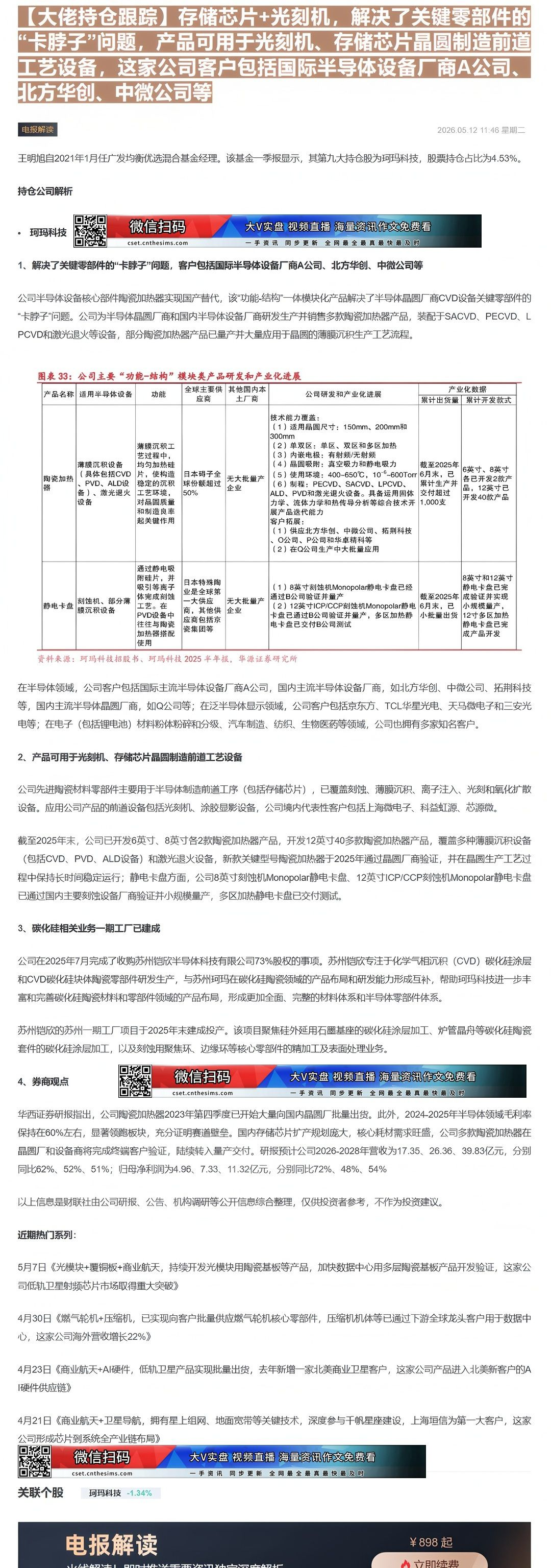 【财联VIP专栏】【大佬持仓跟踪】存储芯片+光刻机，解决了关键零部件的“卡脖子”问题，产品可用于光刻机、存储芯片晶圆制造......