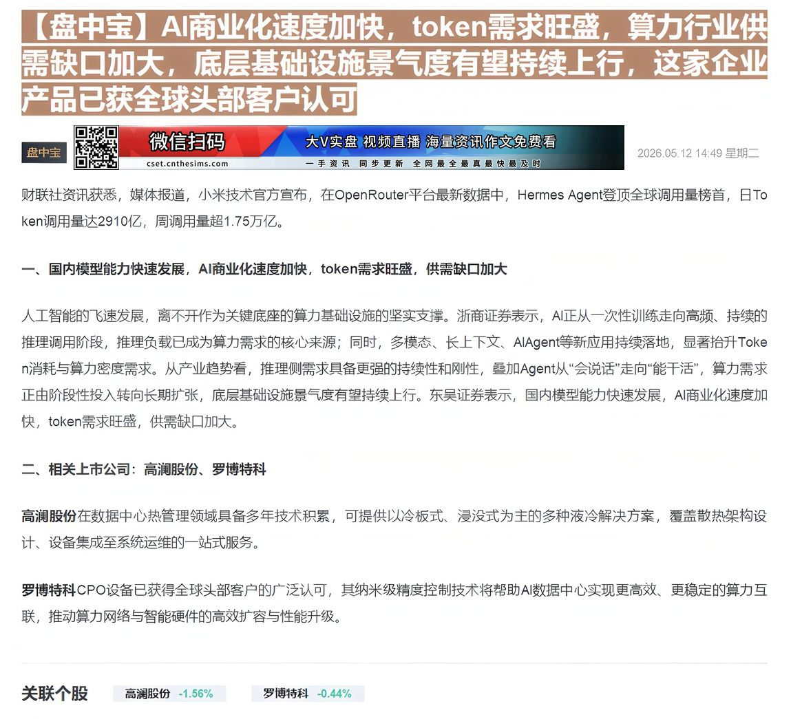 【财联VIP专栏】【盘中宝】AI商业化速度加快，token需求旺盛，算力行业供需缺口加大，底层基础设施景气度有望持续上行......