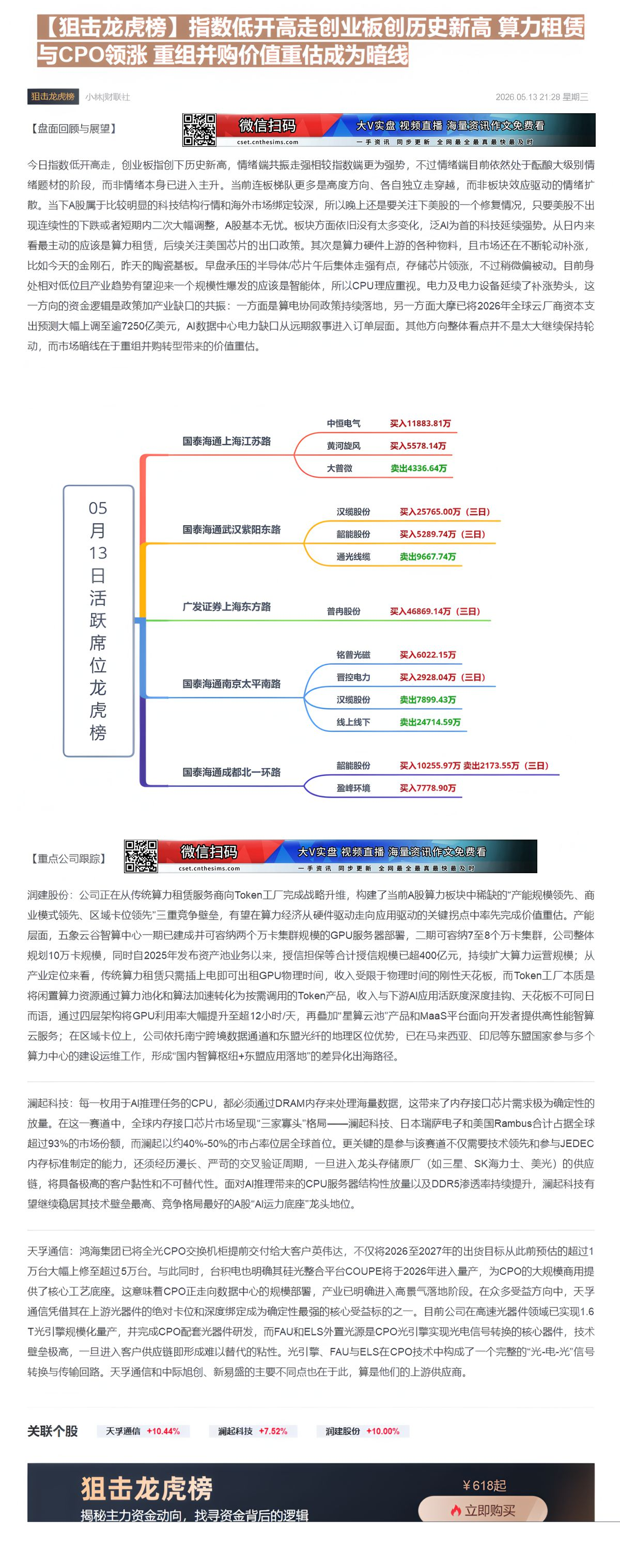 【财联VIP专栏】【狙击龙虎榜】指数低开高走创业板创历史新高 算力租赁与CPO领涨 重组并购价值重估成为暗线......
