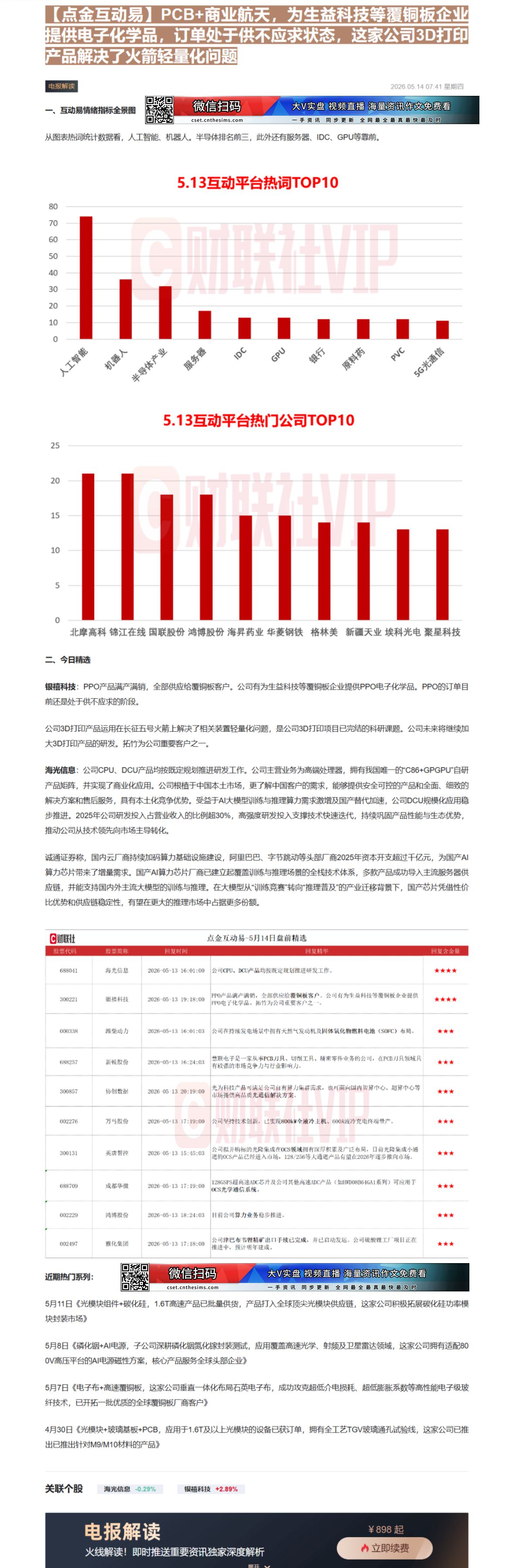 【财联VIP专栏】【点金互动易】PCB+商业航天，为生益科技等覆铜板企业提供电子化学品，订单处于供不应求状态，这家公司3......