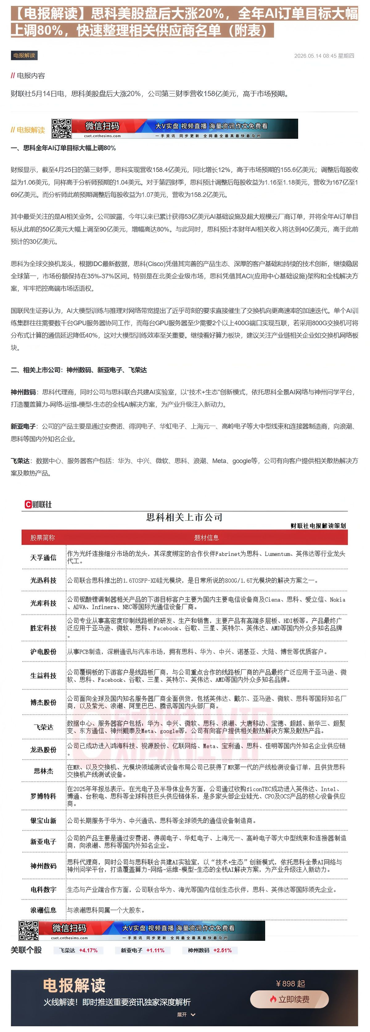 【财联VIP专栏】【电报解读】思科美股盘后大涨20%，全年AI订单目标大幅上调80%，快速整理相关供应商名单（附表）......