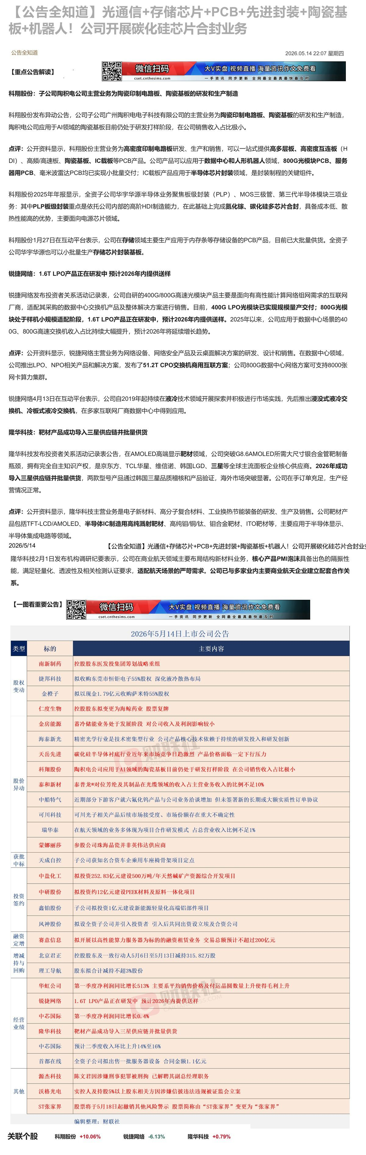 【财联VIP专栏】【公告全知道】光通信+存储芯片+PCB+先进封装+陶瓷基板+机器人！公司开展碳化硅芯片合封业务......