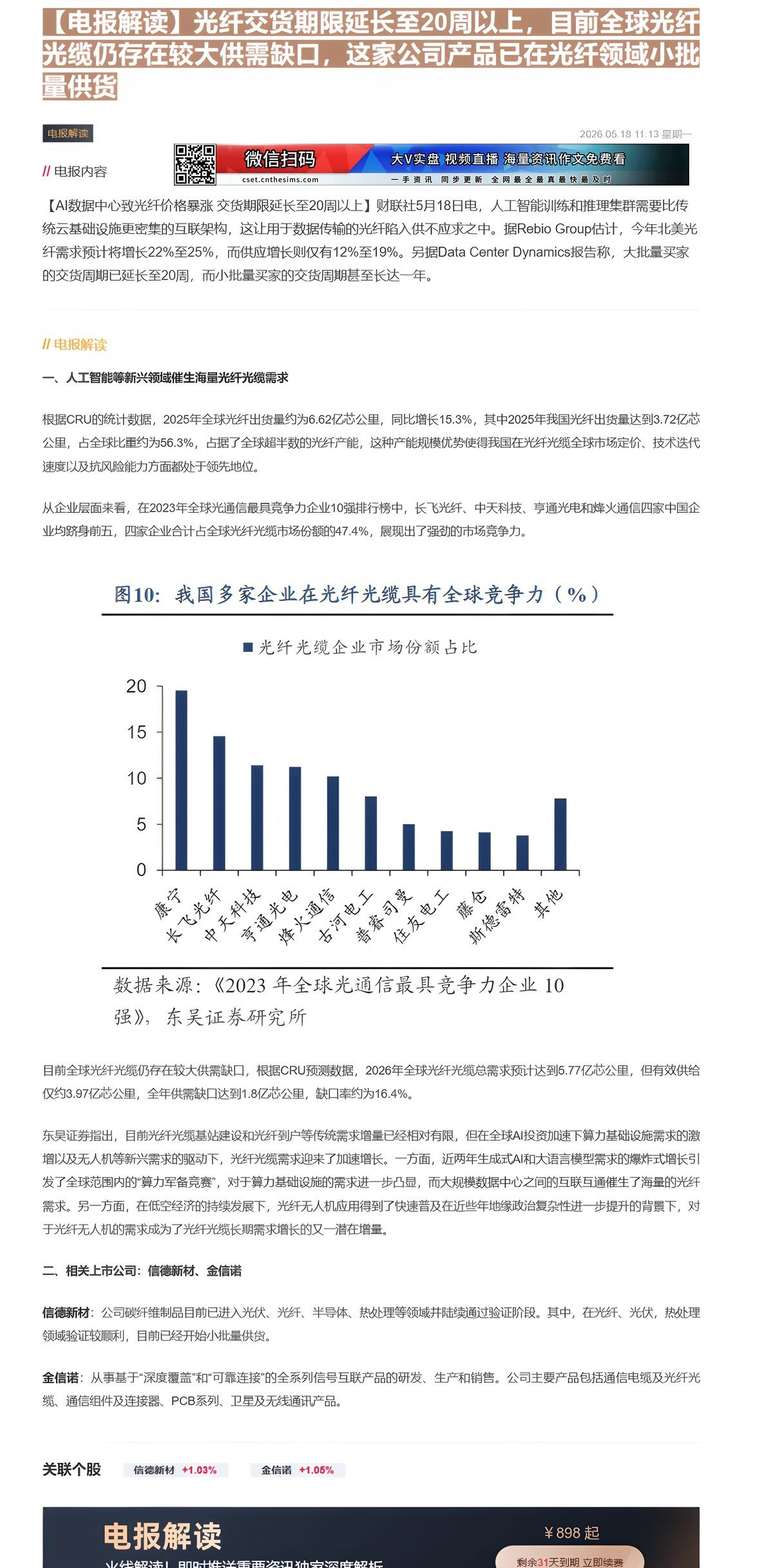 【财联VIP专栏】【电报解读】光纤交货期限延长至20周以上，目前全球光纤光缆仍存在较大供需缺口，这家公司产品已在光纤领域......