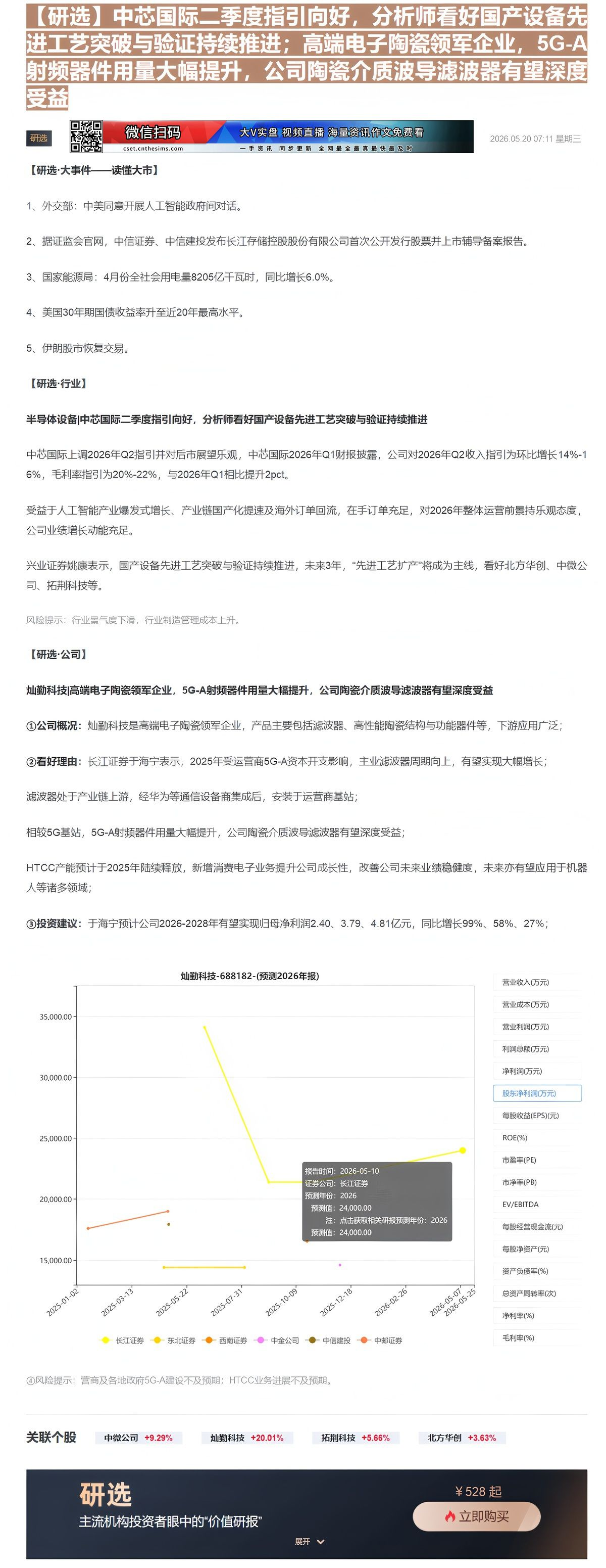 【财联VIP专栏】【研选】中芯国际二季度指引向好，分析师看好国产设备先进工艺突破与验证持续推进；高端电子陶瓷领军企业，5......