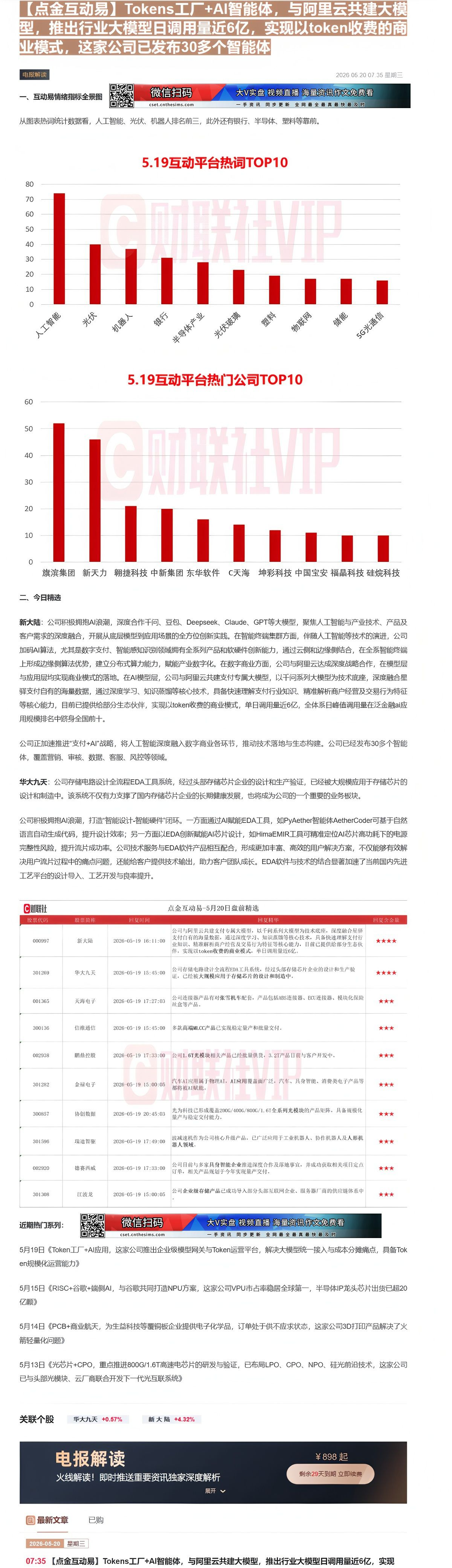 【财联VIP专栏】【点金互动易】Tokens工厂+AI智能体，与阿里云共建大模型，推出行业大模型日调用量近6亿，实现以t......