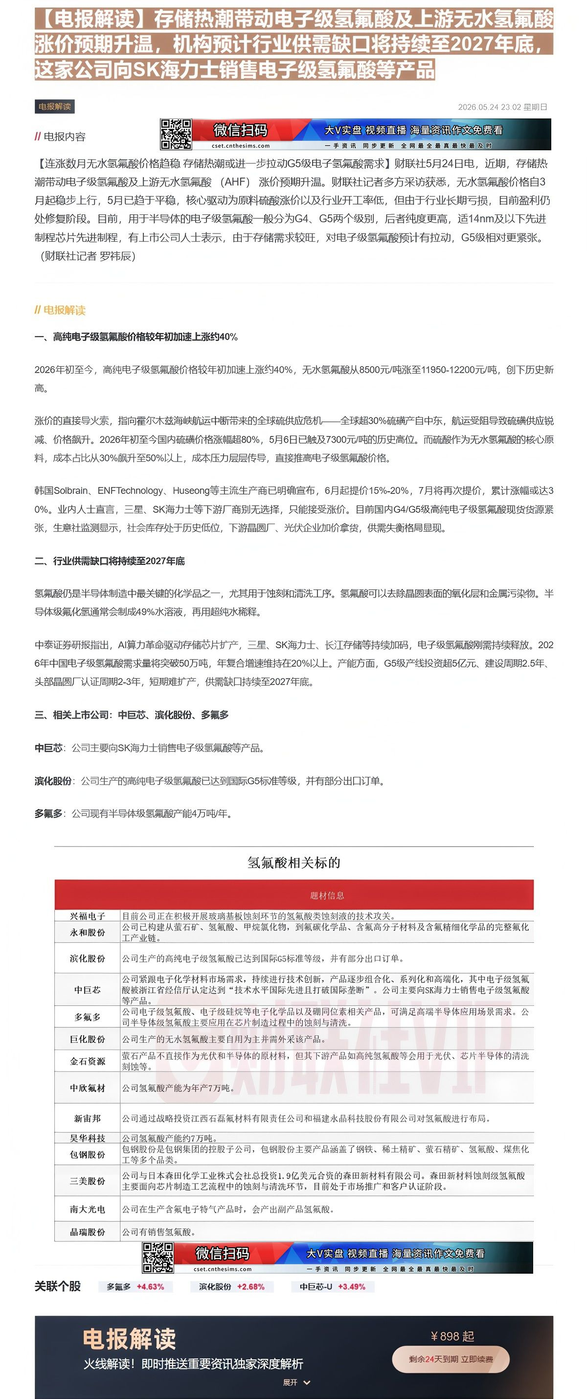 【财联VIP专栏】【电报解读】存储热潮带动电子级氢氟酸及上游无水氢氟酸涨价预期升温，机构预计行业供需缺口将持续至2027......