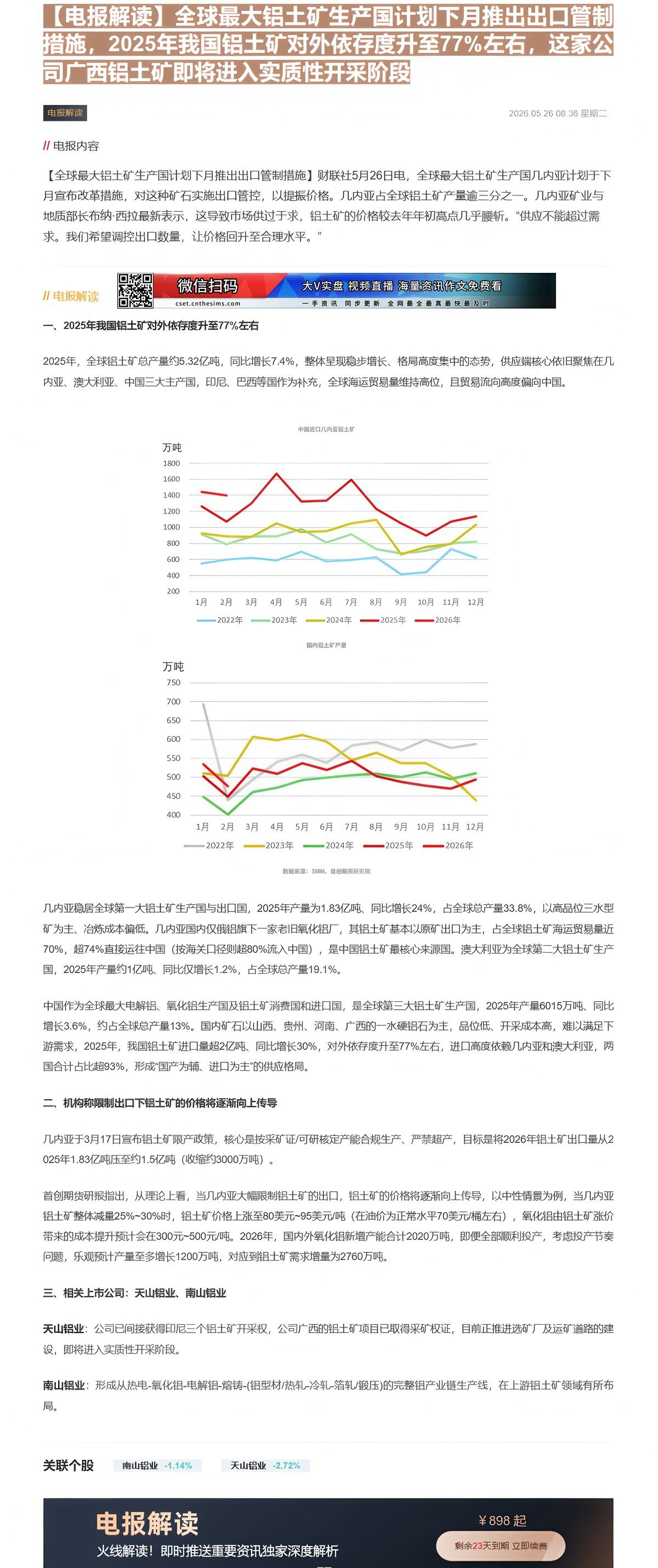 【财联VIP专栏】【电报解读】全球最大铝土矿生产国计划下月推出出口管制措施，2025年我国铝土矿对外依存度升至77%左右......