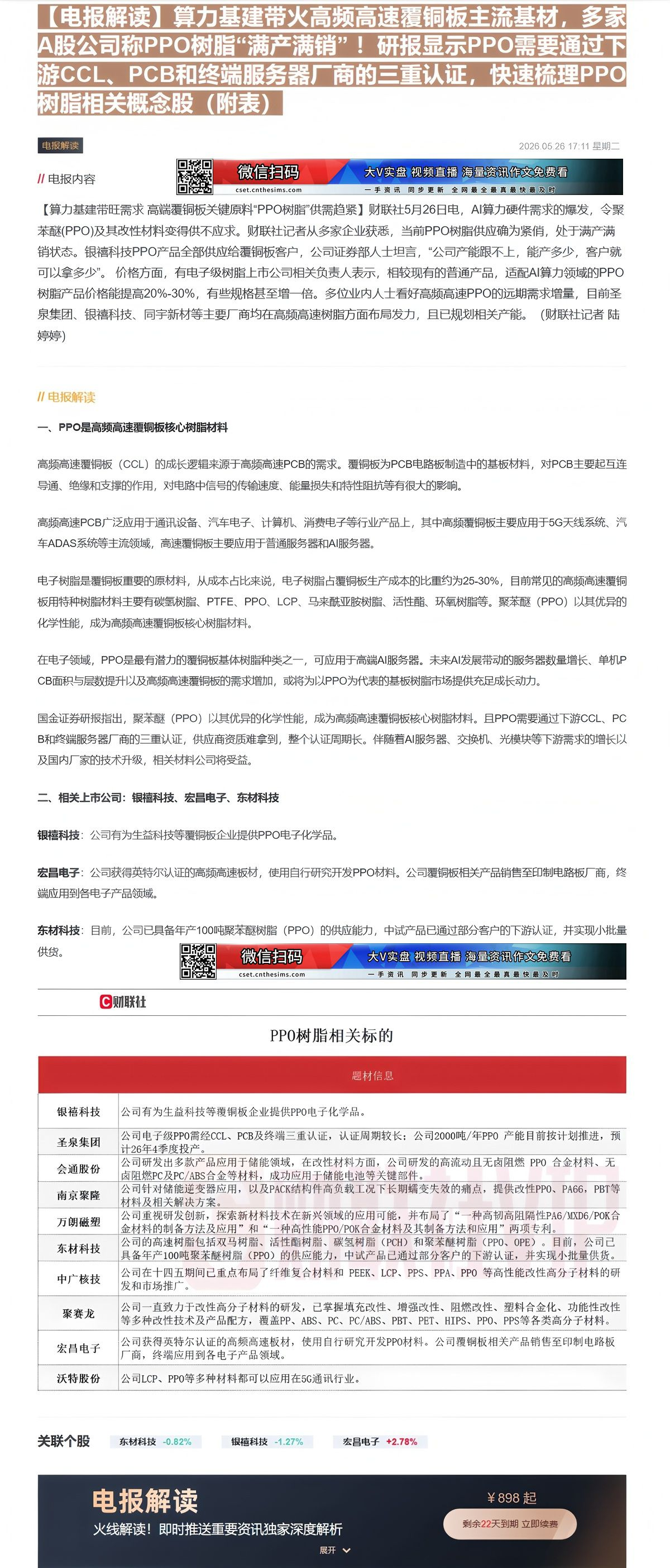 【财联VIP专栏】【电报解读】算力基建带火高频高速覆铜板主流基材，多家A股公司称PPO树脂“满产满销” ！研报显示PPO......