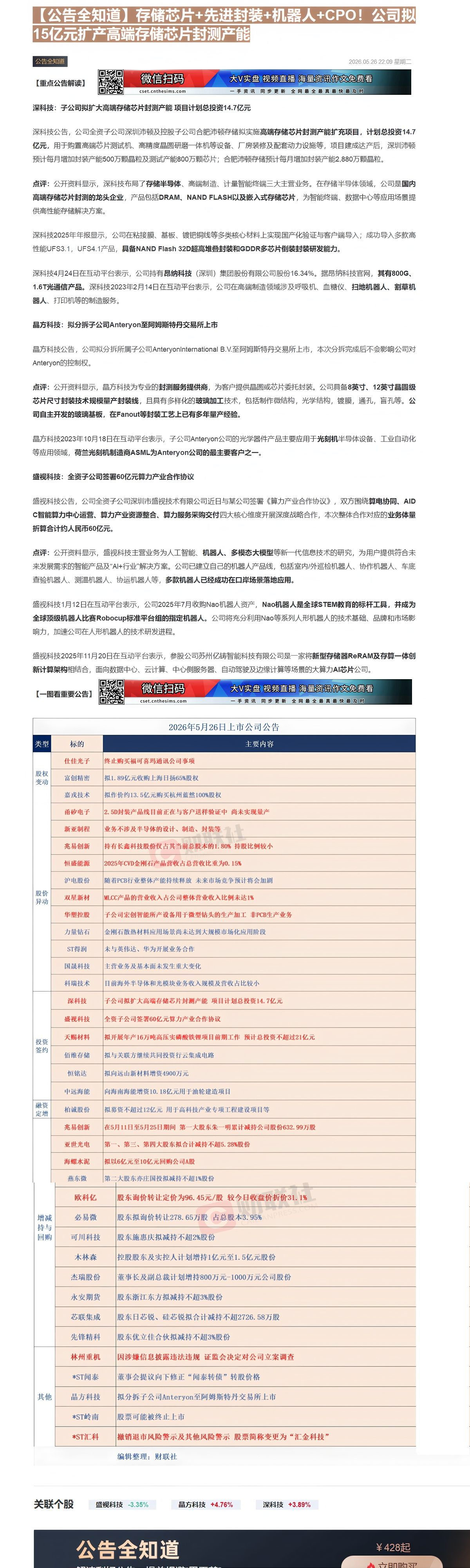 【财联VIP专栏】【公告全知道】存储芯片+先进封装+机器人+CPO！公司拟15亿元扩产高端存储芯片封测产能......