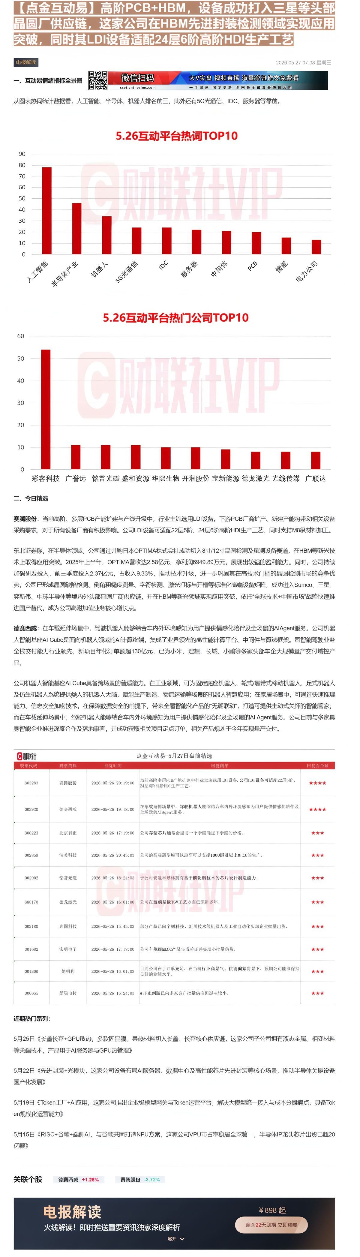 【财联VIP专栏】【点金互动易】高阶PCB+HBM，设备成功打入三星等头部晶圆厂供应链，这家公司在HBM先进封装检测领域......