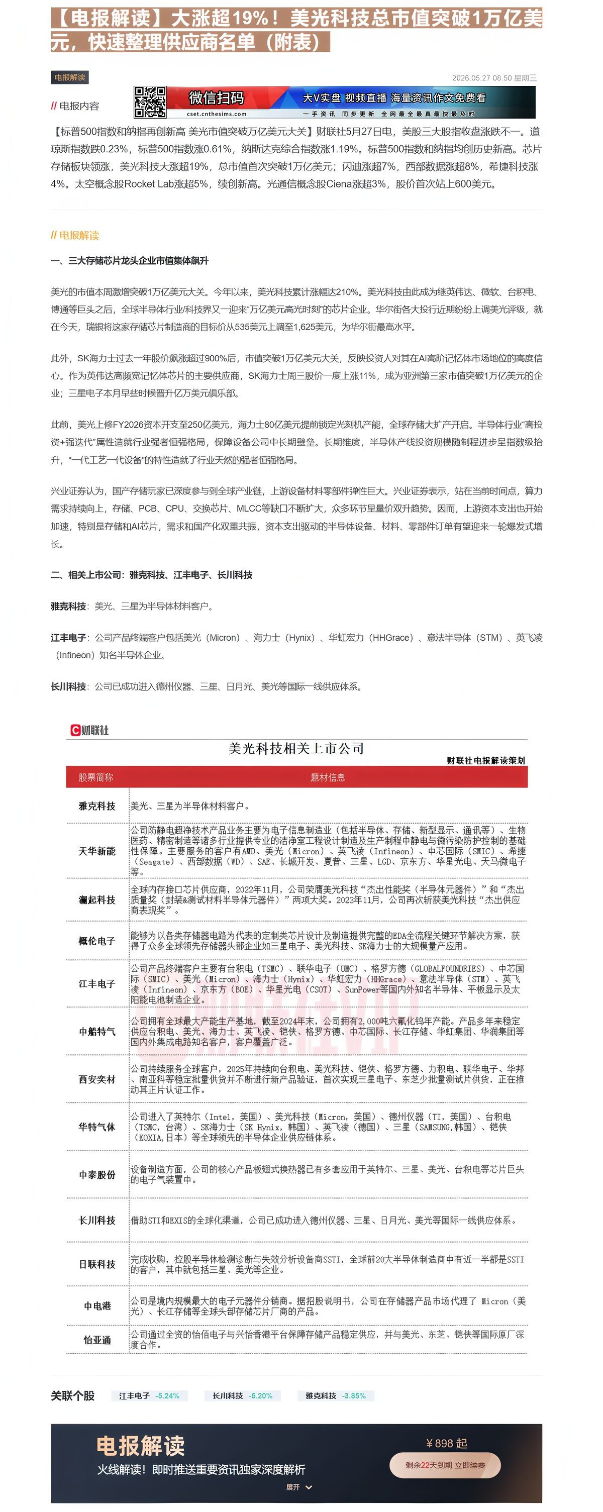 【财联VIP专栏】【电报解读】大涨超19%！美光科技总市值突破1万亿美元，快速整理供应商名单（附表）......
