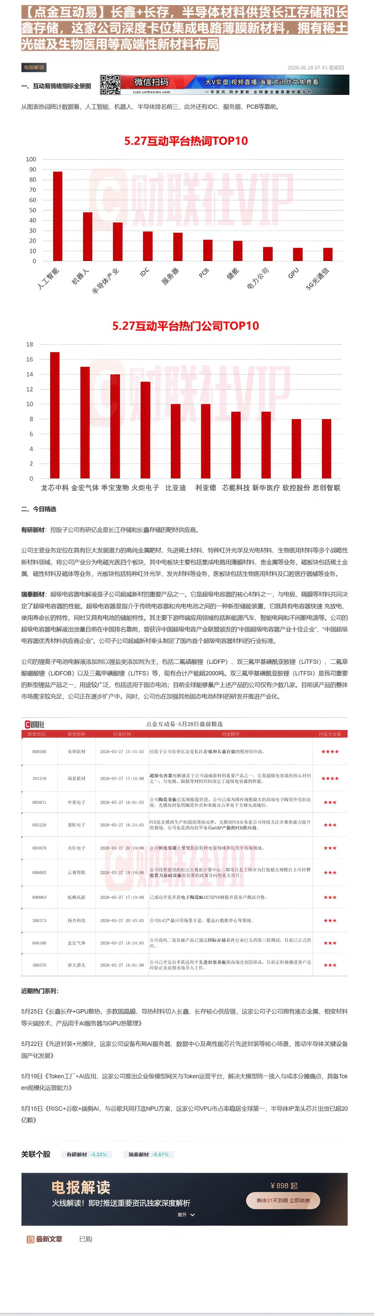 【财联VIP专栏】【点金互动易】长鑫+长存，半导体材料供货长江存储和长鑫存储，这家公司深度卡位集成电路薄膜新材料，拥有稀......