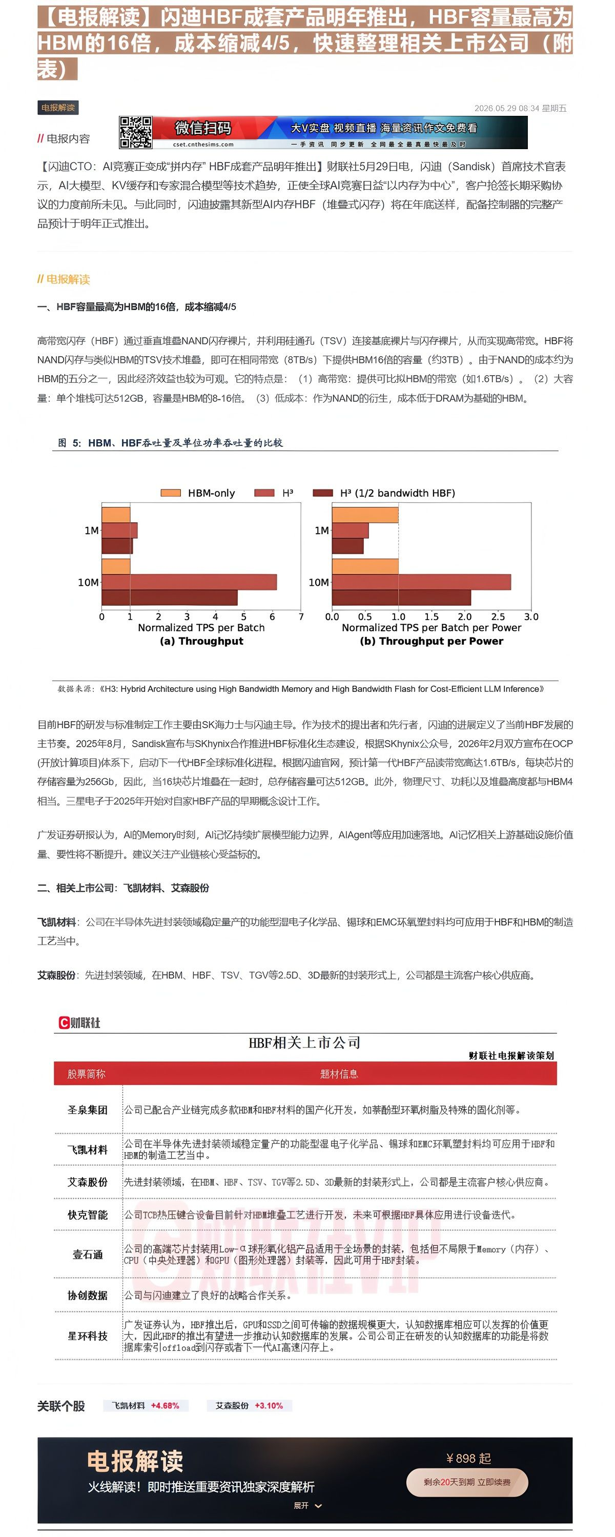 【财联VIP专栏】【电报解读】闪迪HBF成套产品明年推出，HBF容量最高为HBM的16倍，成本缩减4/5，快速整理相关上......