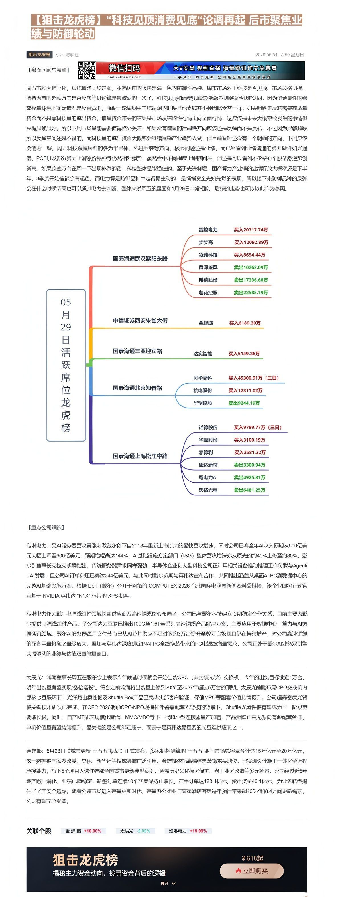 【财联VIP专栏】【狙击龙虎榜】“科技见顶消费见底“论调再起 后市聚焦业绩与防御轮动周五指数震荡下挫，市场情绪同步回落，......