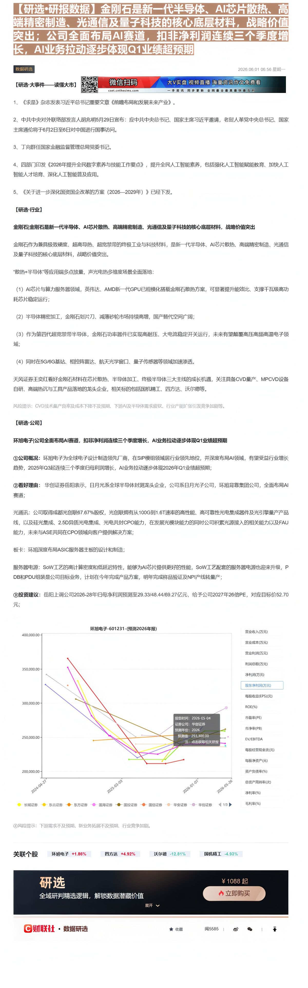 【财联VIP专栏】【研选•研报数据】金刚石是新一代半导体、AI芯片散热、高端精密制造、光通信及量子科技的核心底层材料，战......