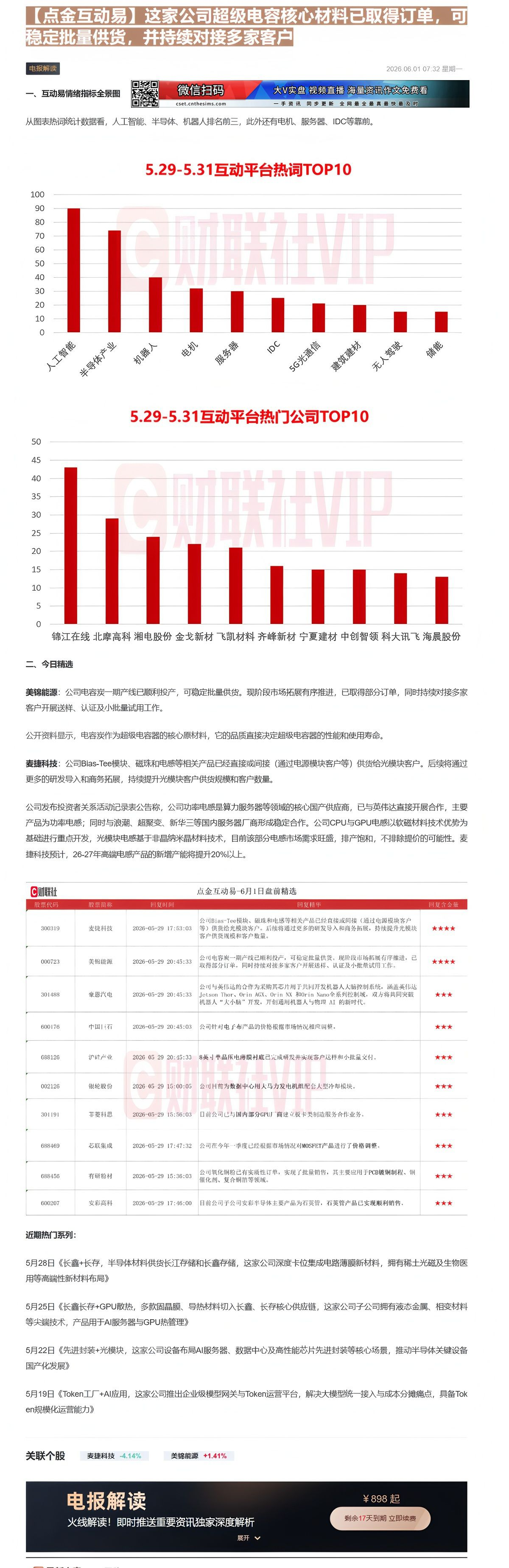 【财联VIP专栏】【点金互动易】这家公司超级电容核心材料已取得订单，可稳定批量供货，并持续对接多家客户......