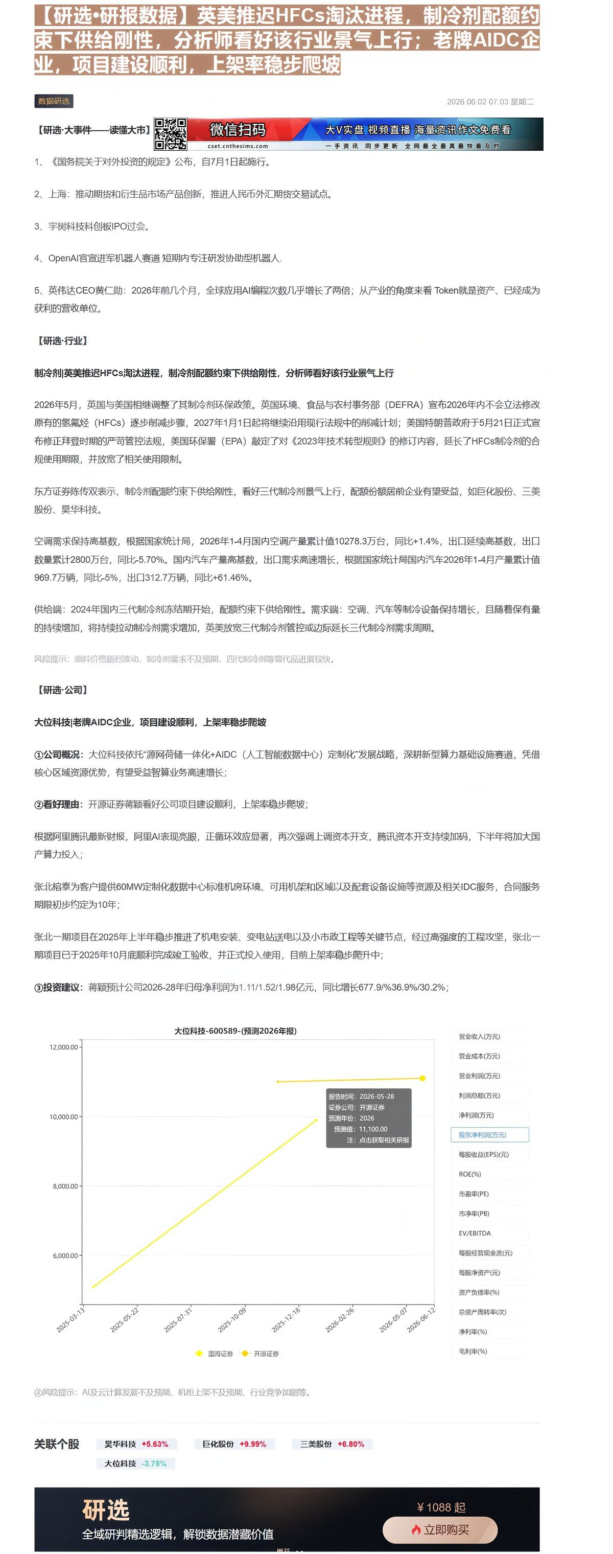 【财联VIP专栏】【研选•研报数据】英美推迟HFCs淘汰进程，制冷剂配额约束下供给刚性，分析师看好该行业景气上行；老牌A......